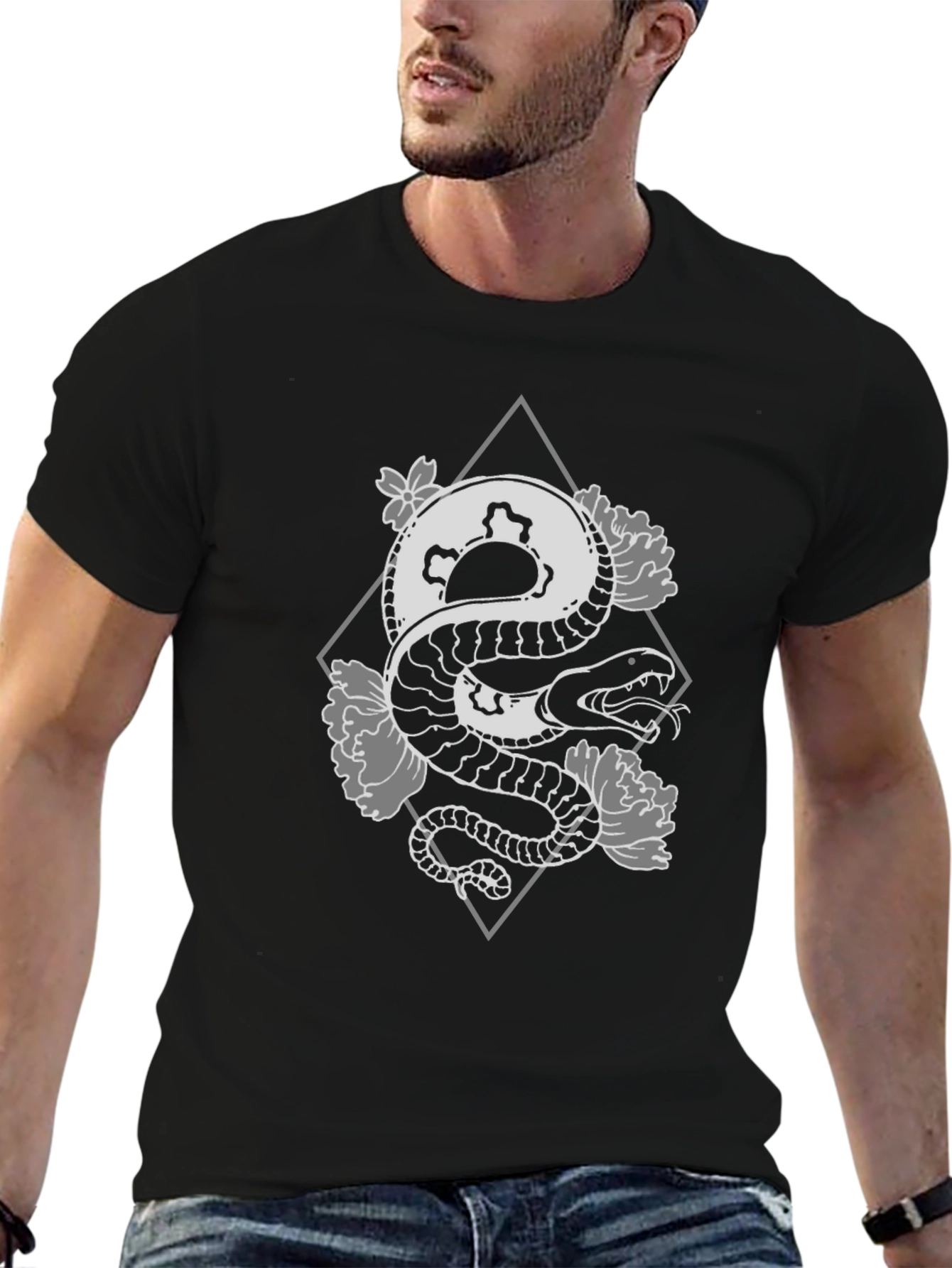 Black Snake & Floral Graphic Tee - Edgy Style view 6