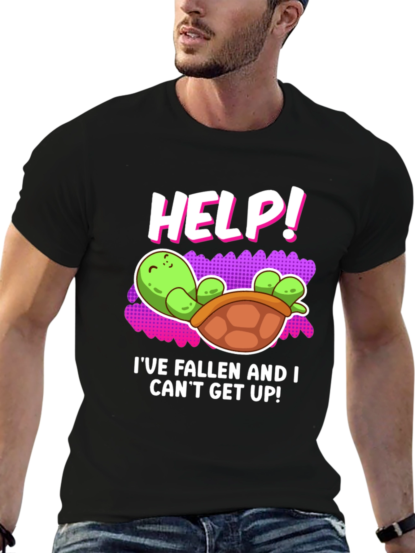 Black Help! Turtle T-Shirt - Funny Fallen Turtle Design view 6