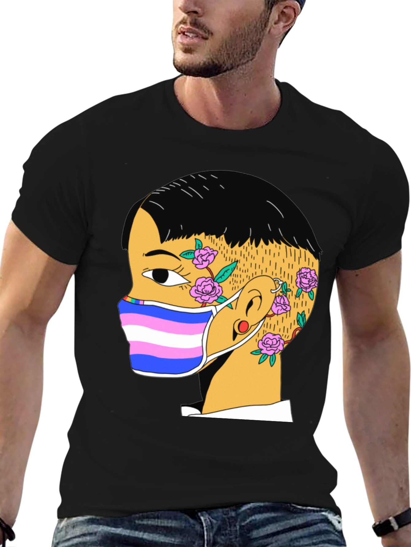 Black Graphic Tee with Trans Pride Mask Design view 6