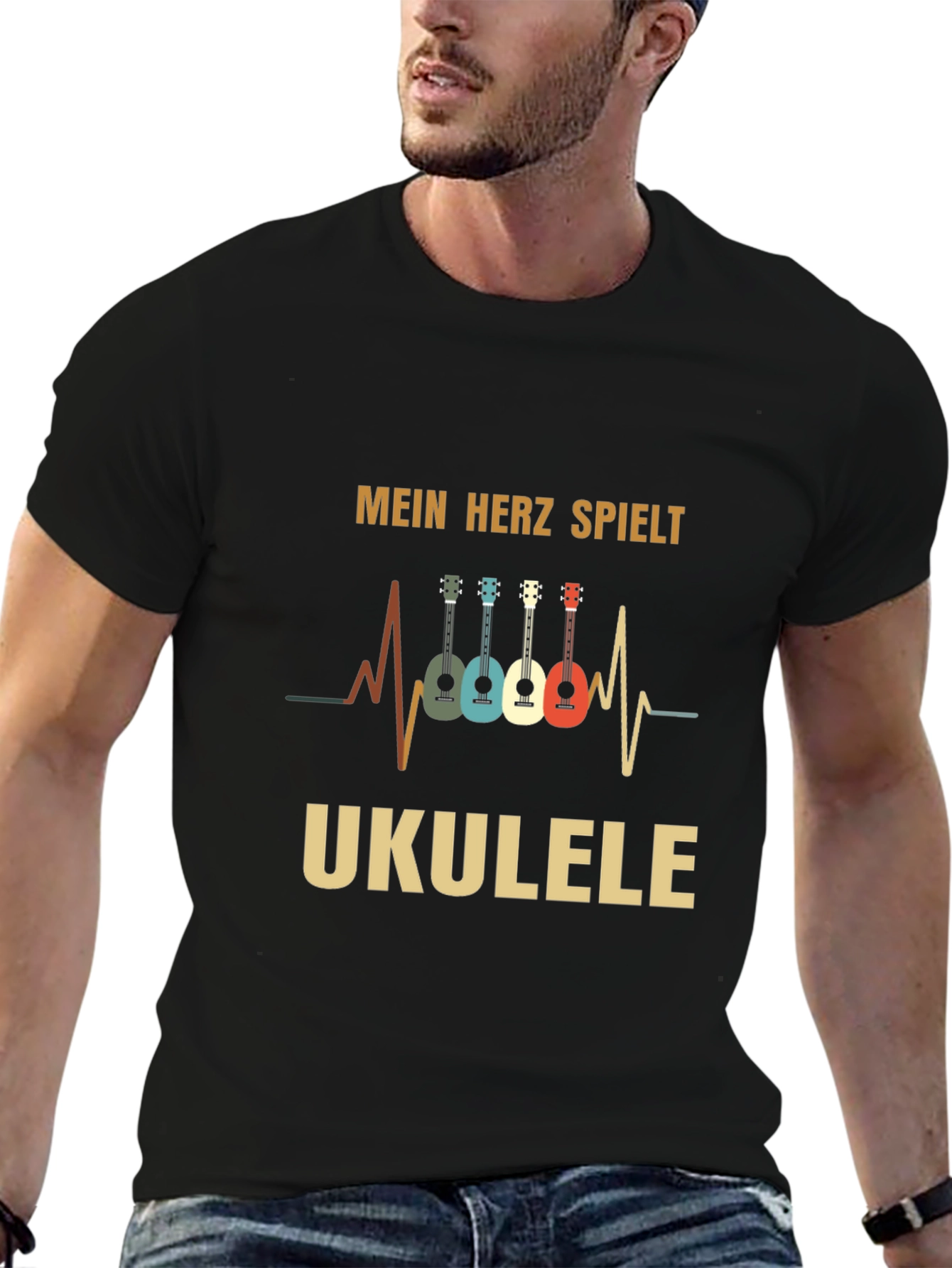 Black Mein Herz Spielt Ukulele Black T-Shirt view 6