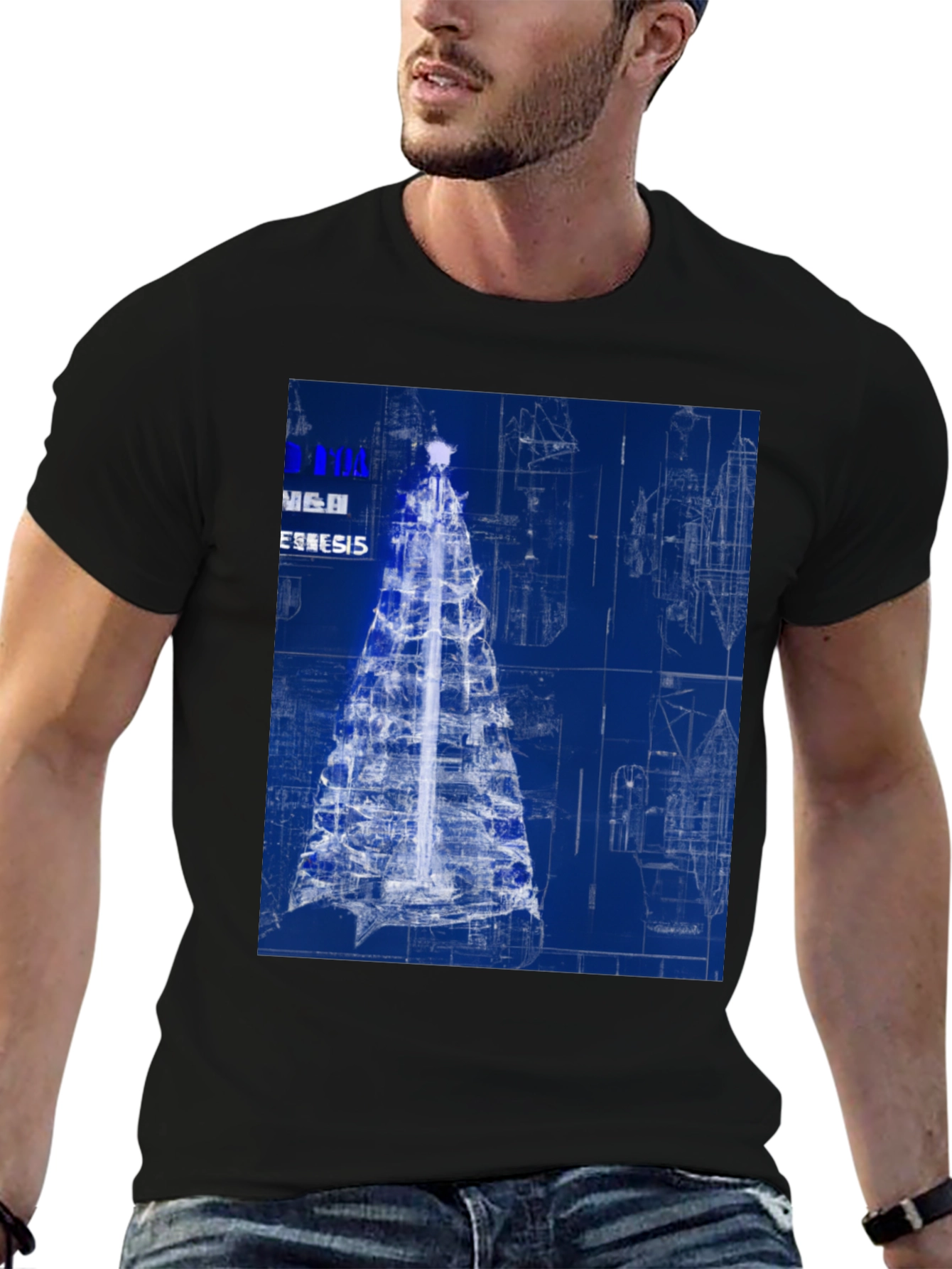 Black Blueprint Christmas Tree Graphic Tee view 6