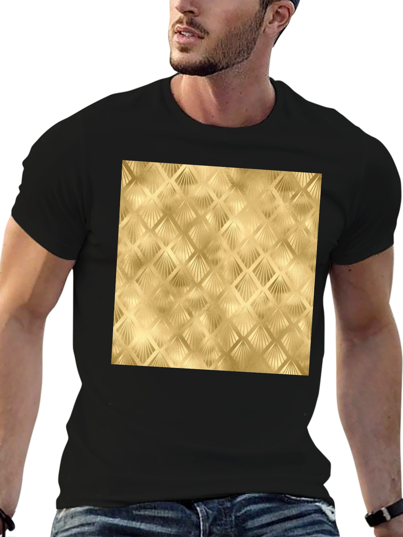 Black Golden Art Deco Pattern Black T-Shirt view 6
