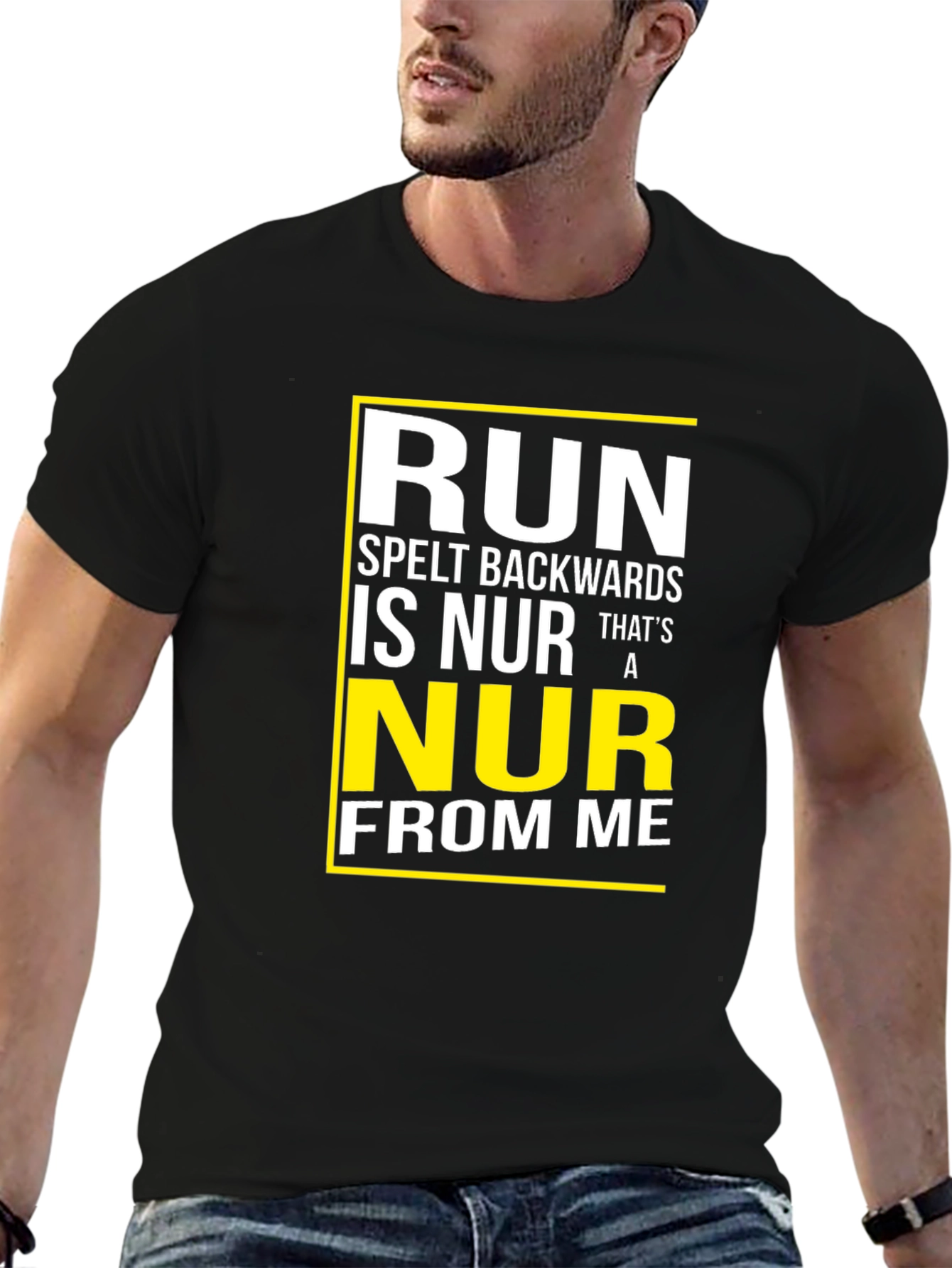 Black Run Spelt Backwards Graphic T-Shirt - Funny Run Away From Me Tee view 6