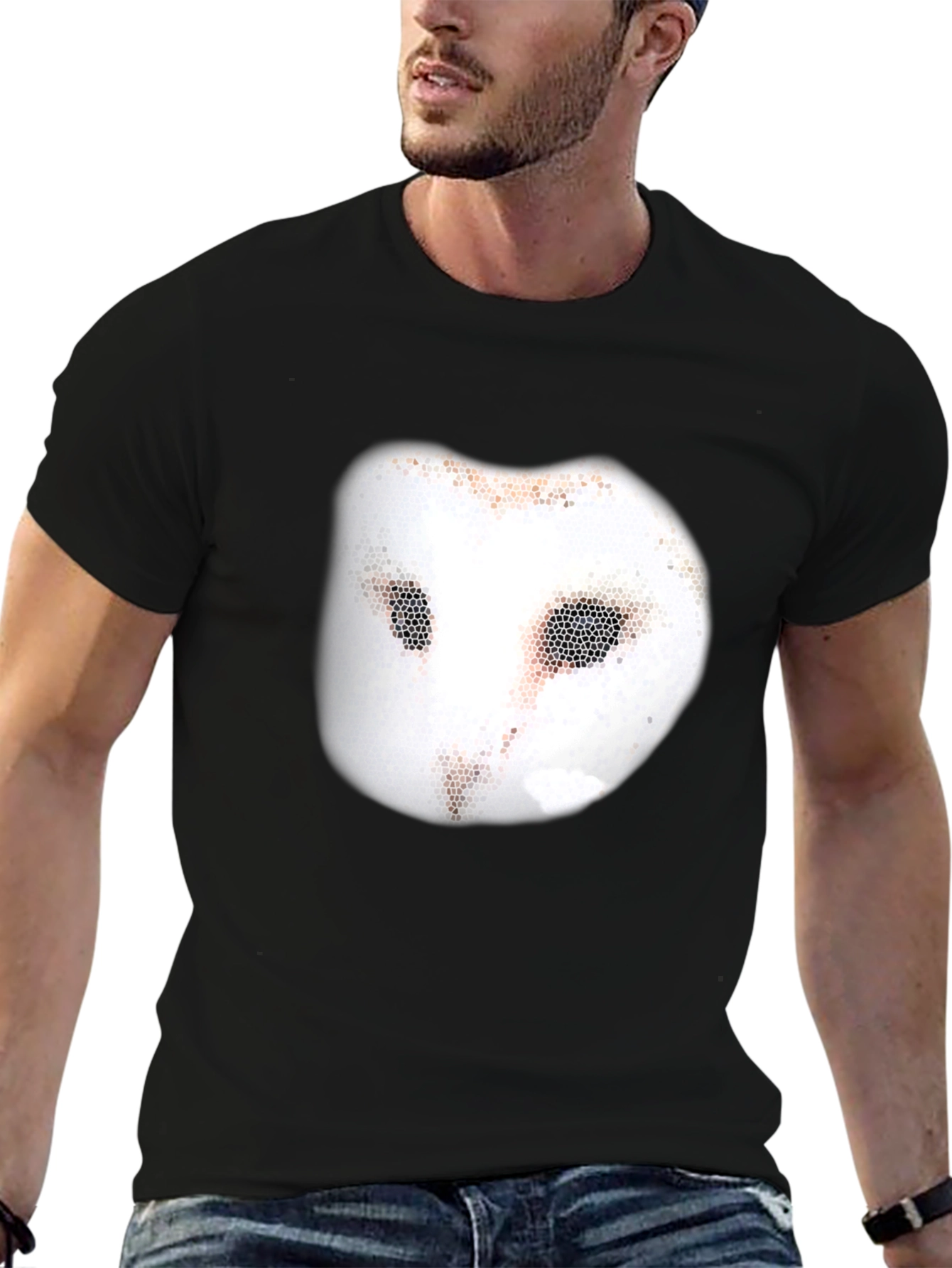 Black Unique Owl Mask Graphic Tee - Casual Black T-Shirt view 6
