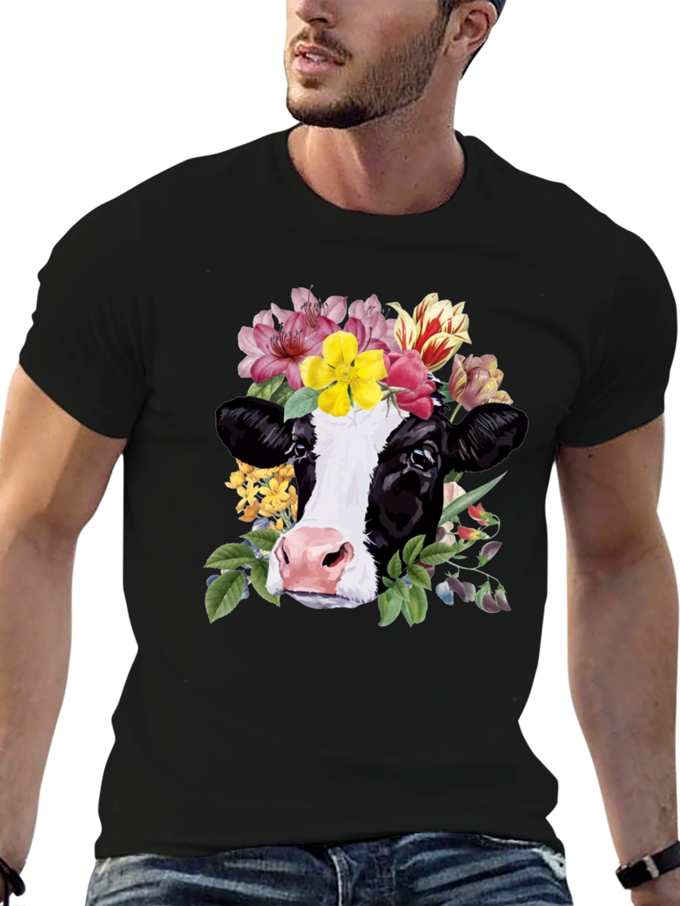 Black Floral Cow Graphic Tee - Unisex Black T-Shirt view 6