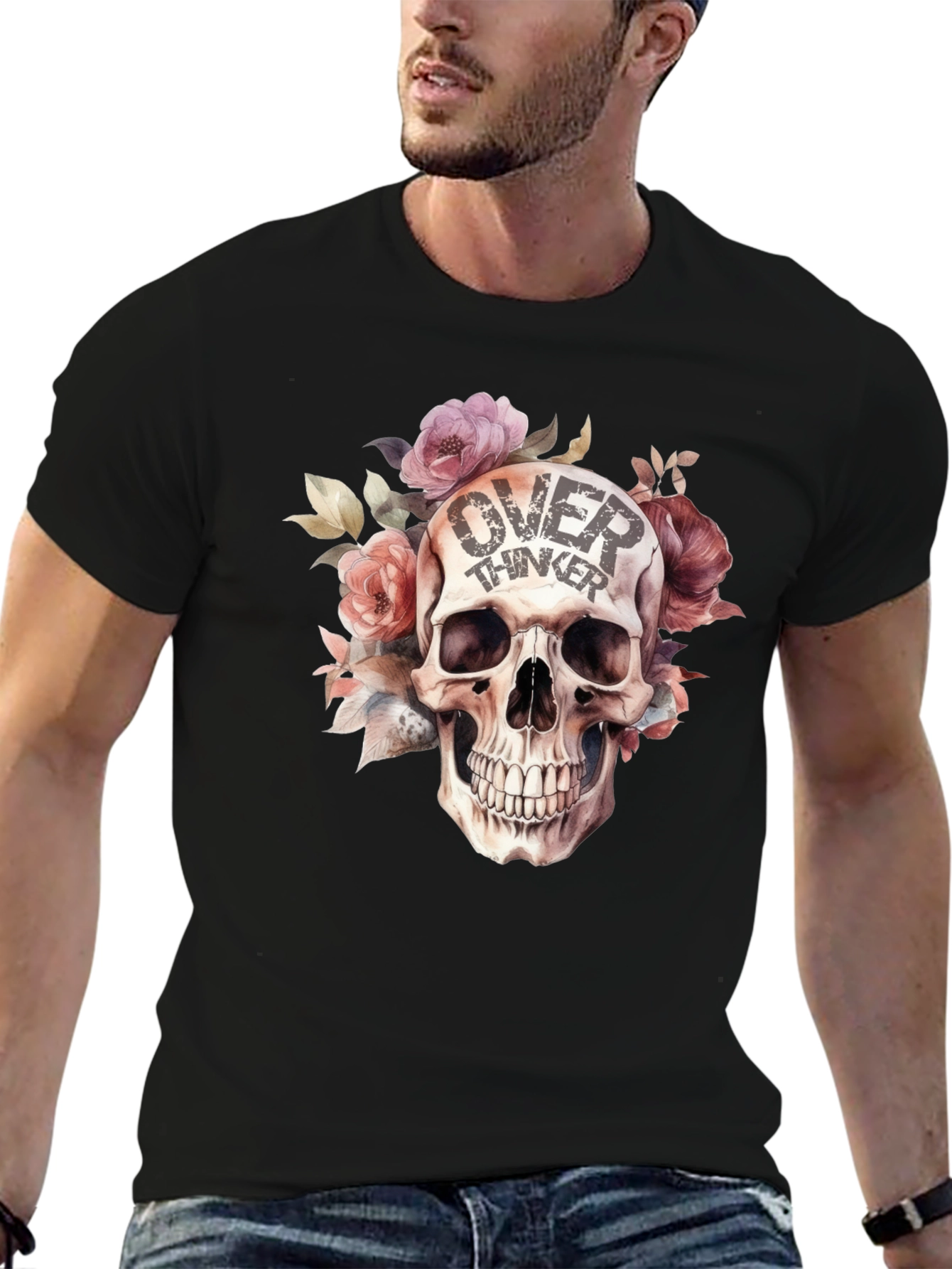 Black Over Thinker Skull Graphic T-Shirt - Stylish Floral Design view 6