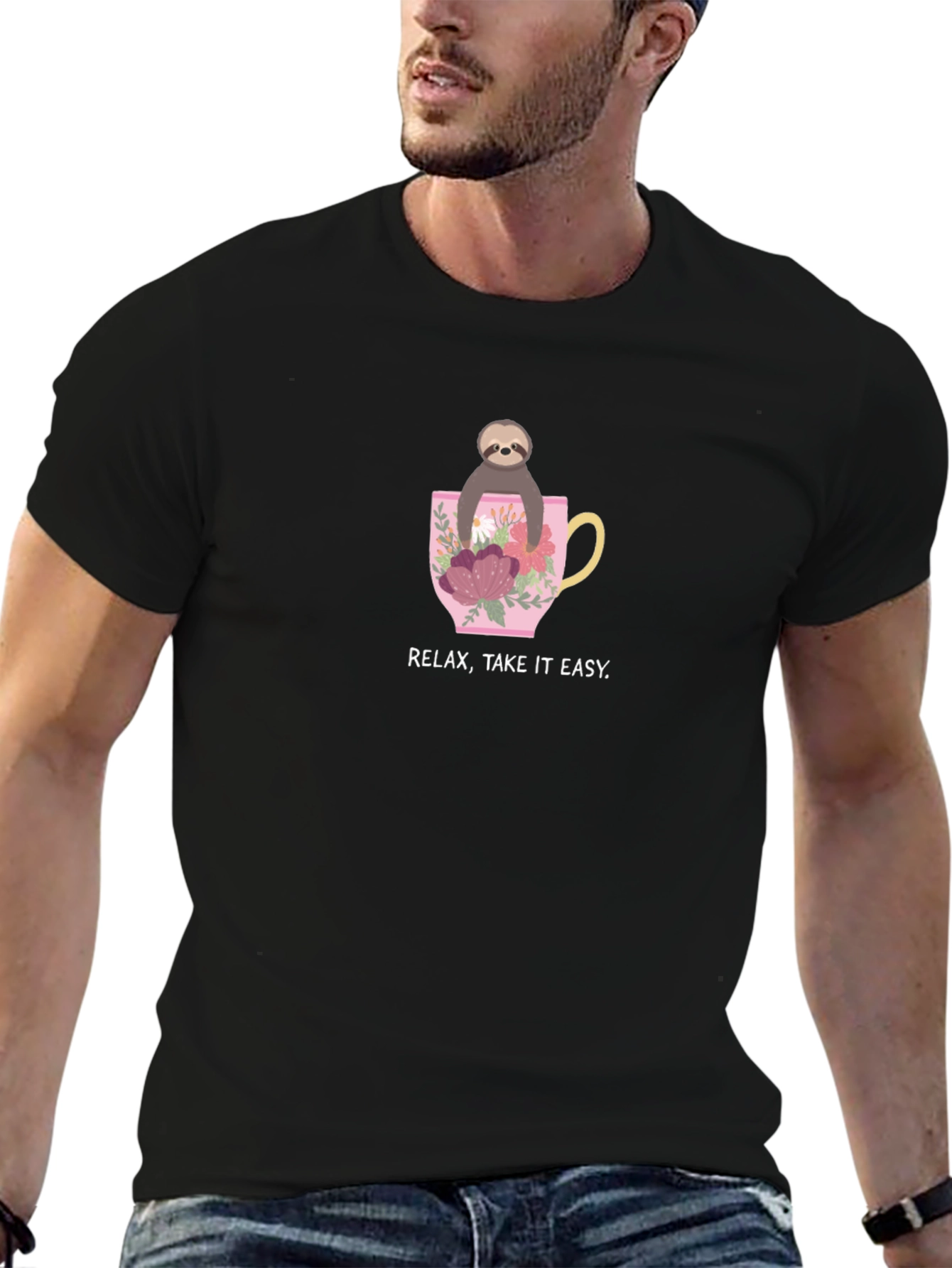 Black Relax, Take it Easy Sloth in Teacup Black T-Shirt view 6
