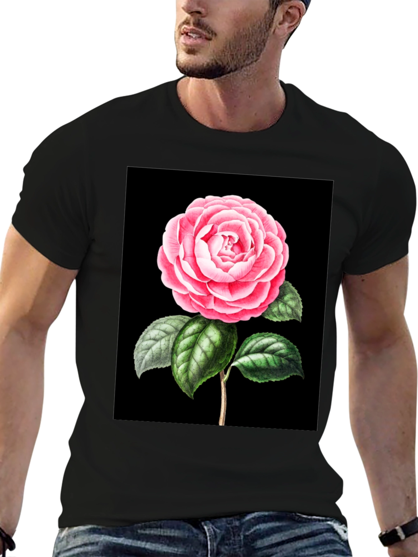 Black Elegant Rose Graphic Tee - Black Cotton Blend view 6