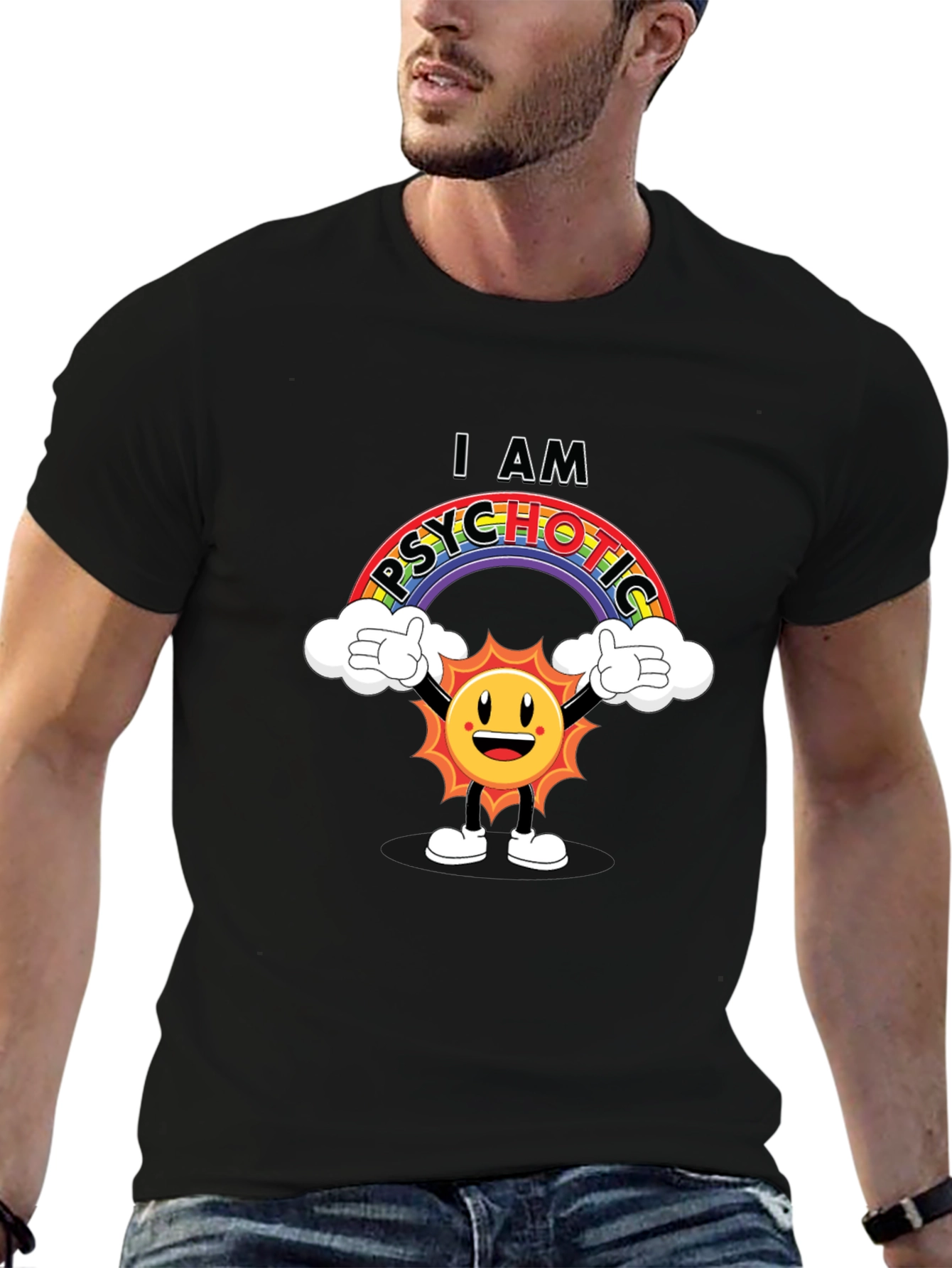 Black I Am Psychotic T-Shirt - Rainbow Sun Graphic Tee view 6
