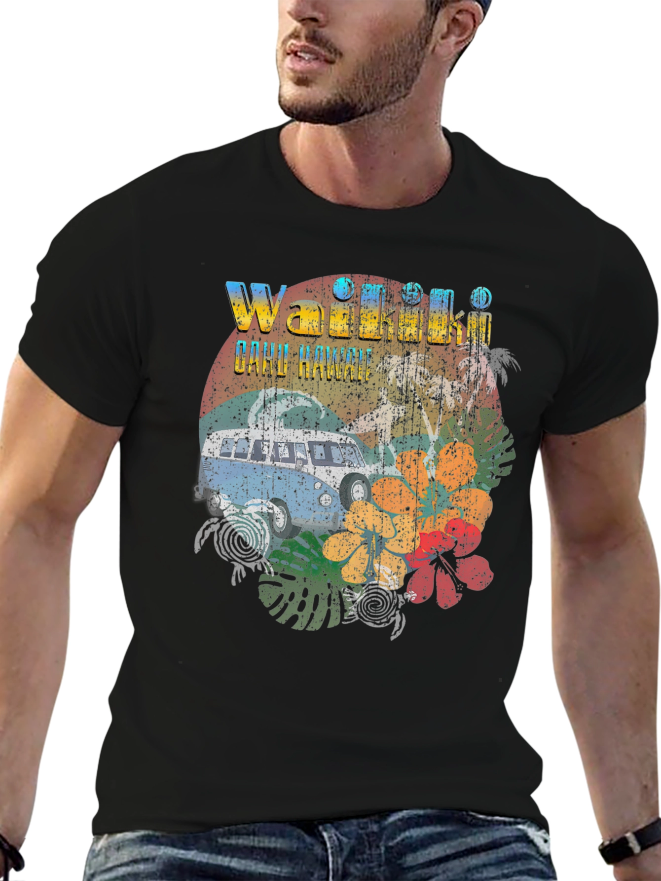 Black Vintage Waikiki Oahu Hawaii Graphic Tee view 6
