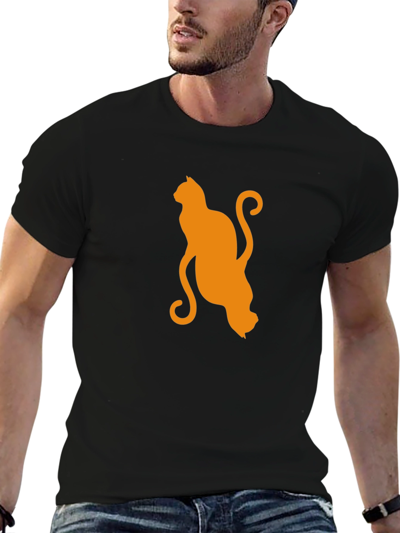 Black Orange Cat Silhouette Black T-Shirt view 6