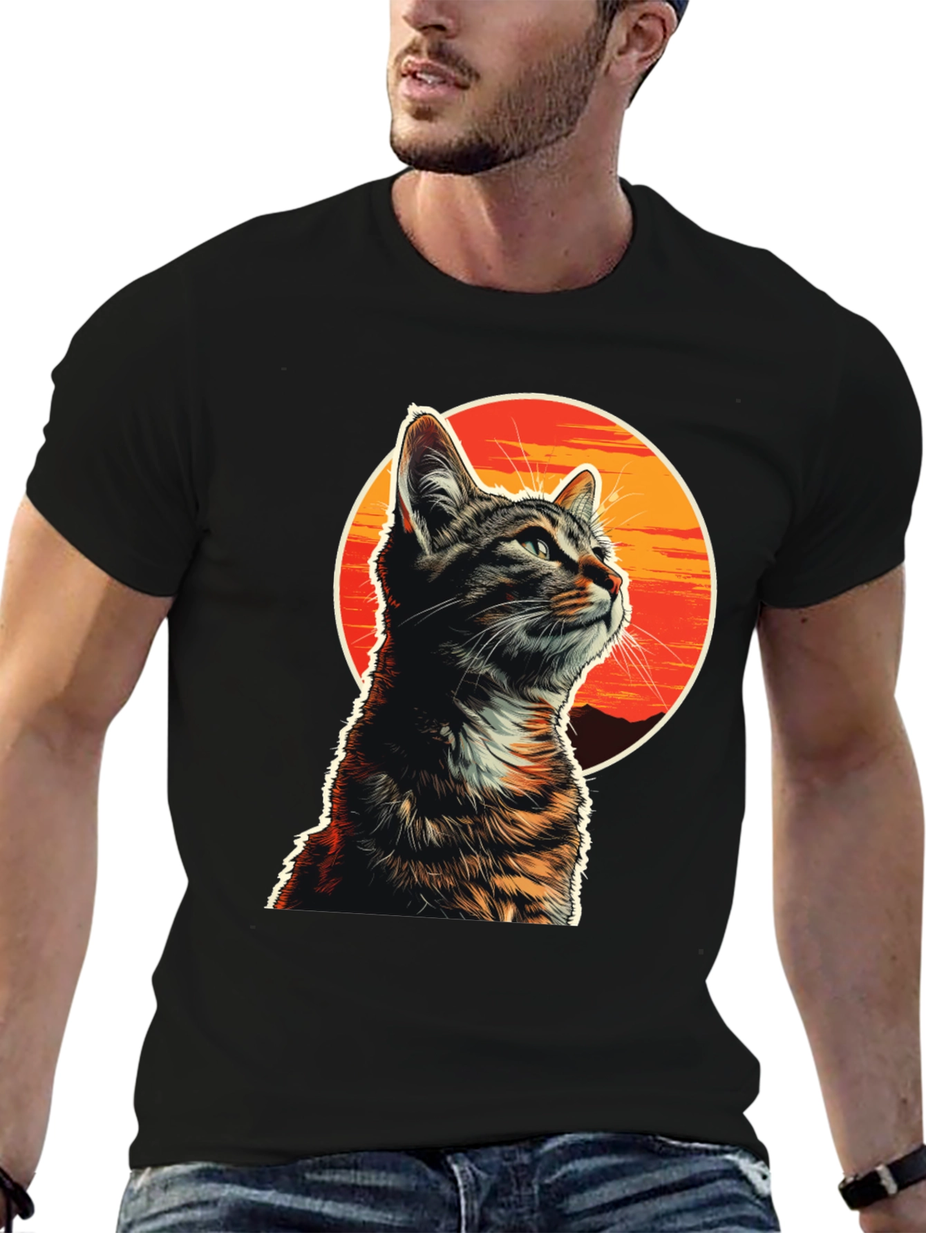 Black Sunset Cat Graphic T-Shirt - Unique Design view 6