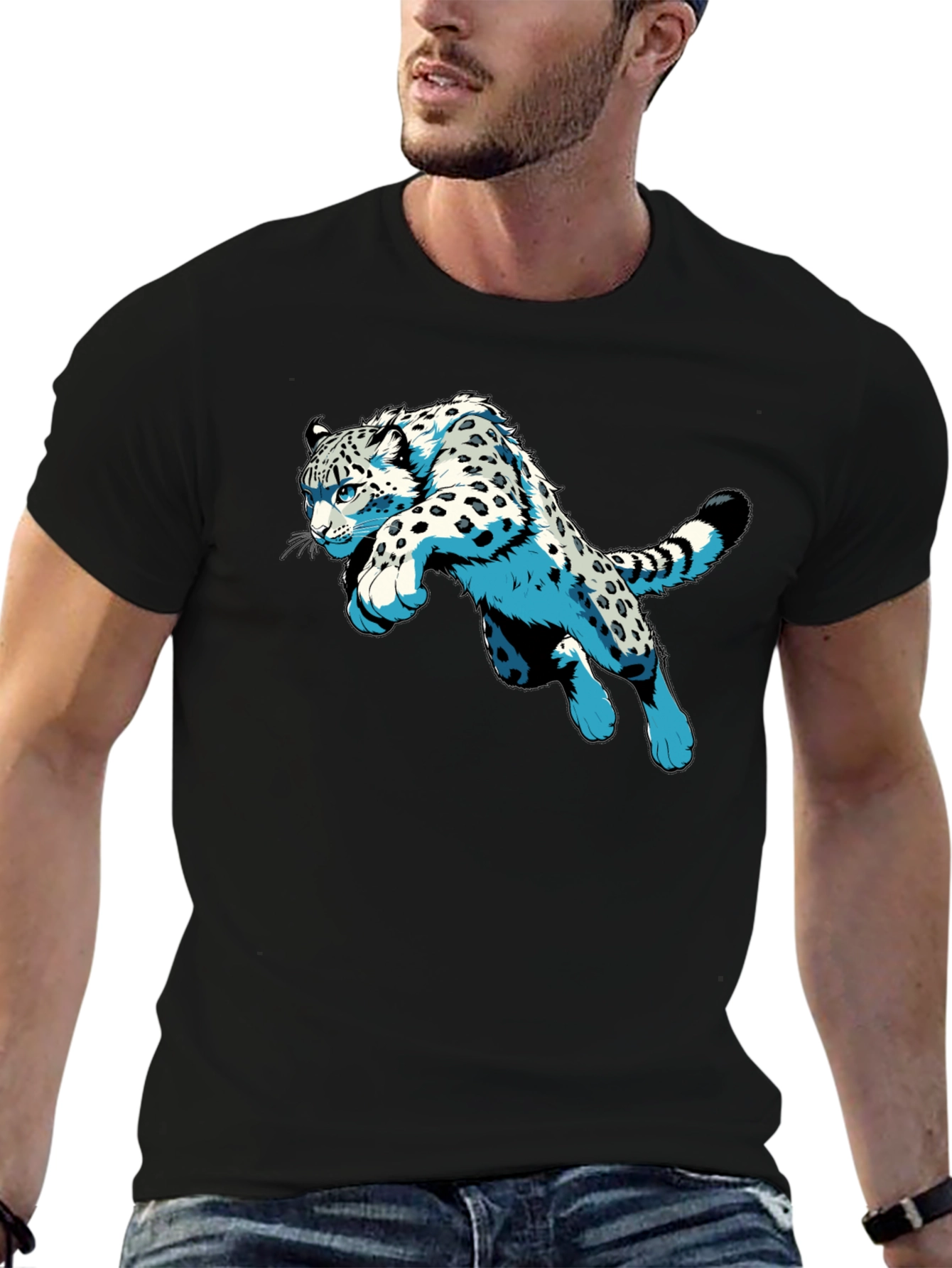 Black Snow Leopard Graphic Print Black T-Shirt view 6