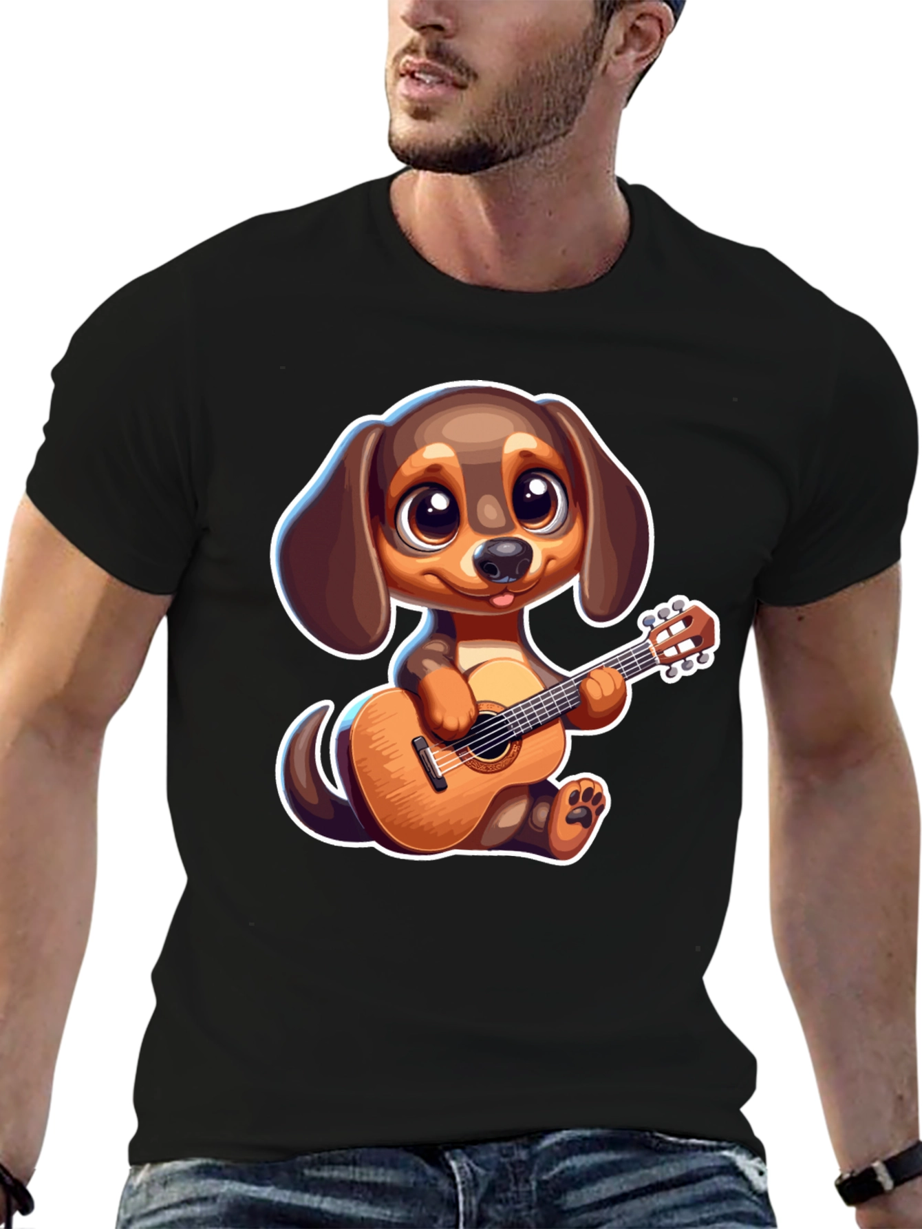 Black Cartoon Dog Playing Guitar T-Shirt view 6