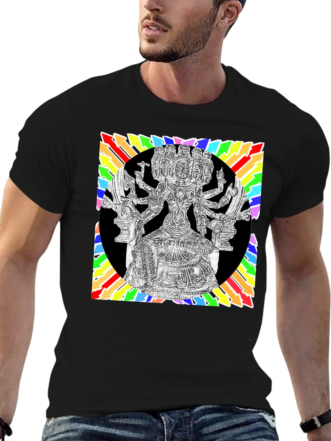 Black Black T-Shirt with Colorful Hindu Deity Graphic view 6
