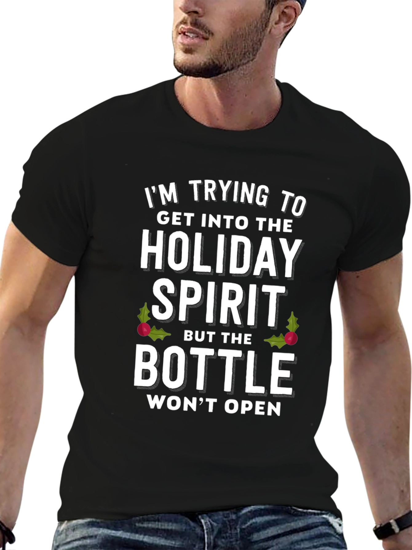 Black Holiday Spirit T-Shirt: Funny Christmas Graphic Tee view 6