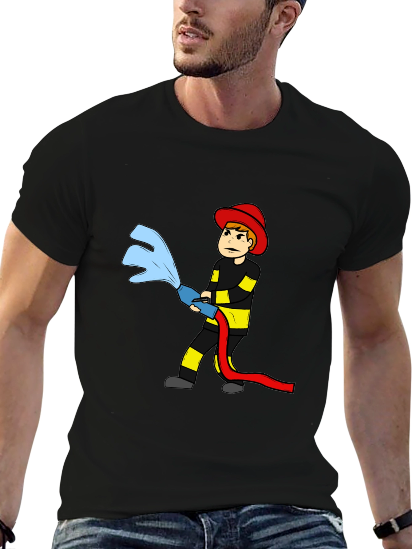 Black Cartoon Firefighter T-Shirt view 6