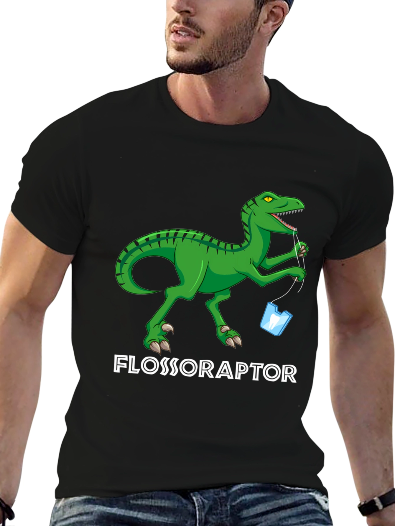 Black Flossoraptor Graphic Tee - Dental Humor Dinosaur T-Shirt view 6