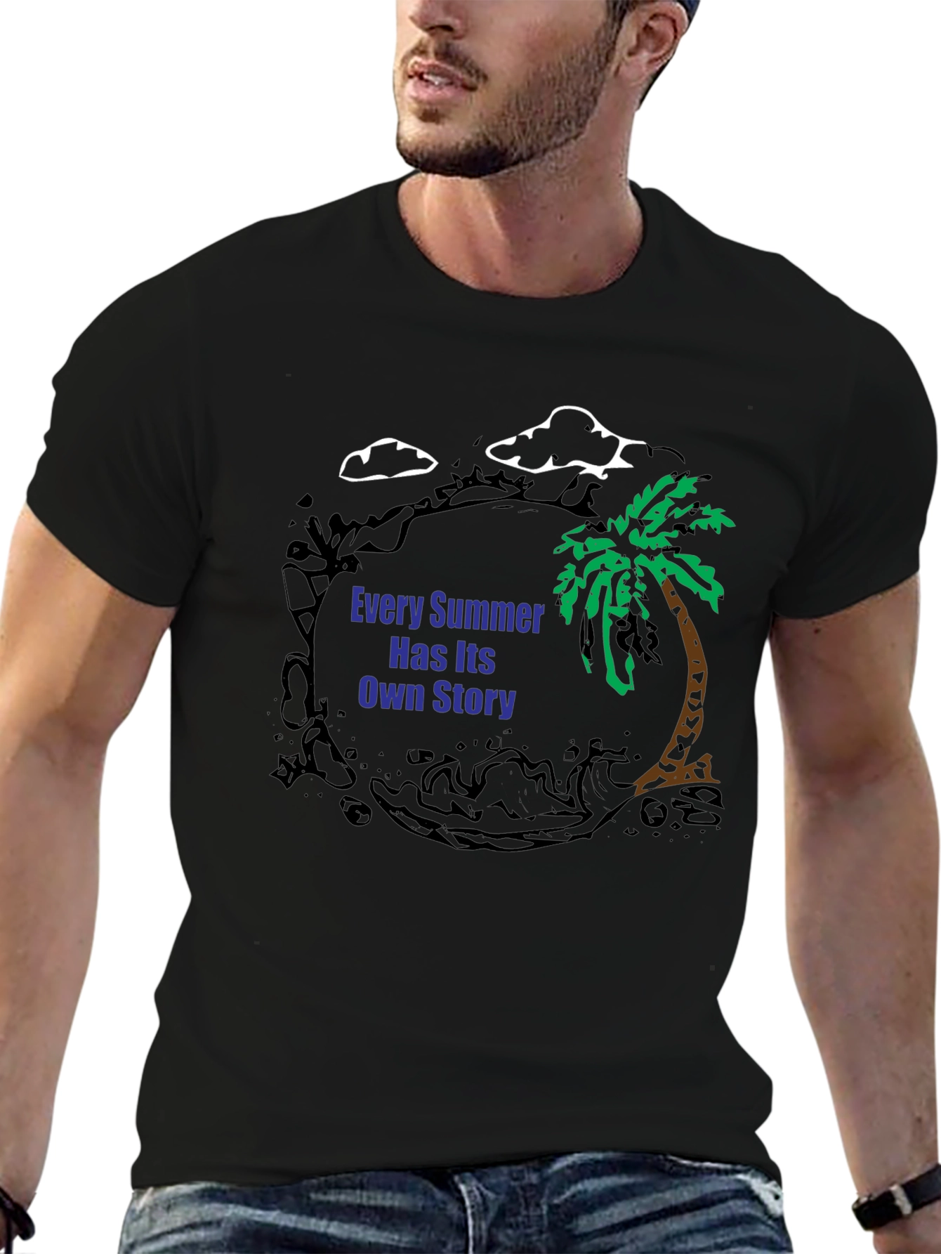 Black Summer Story Black T-Shirt: Palm Tree Design view 6