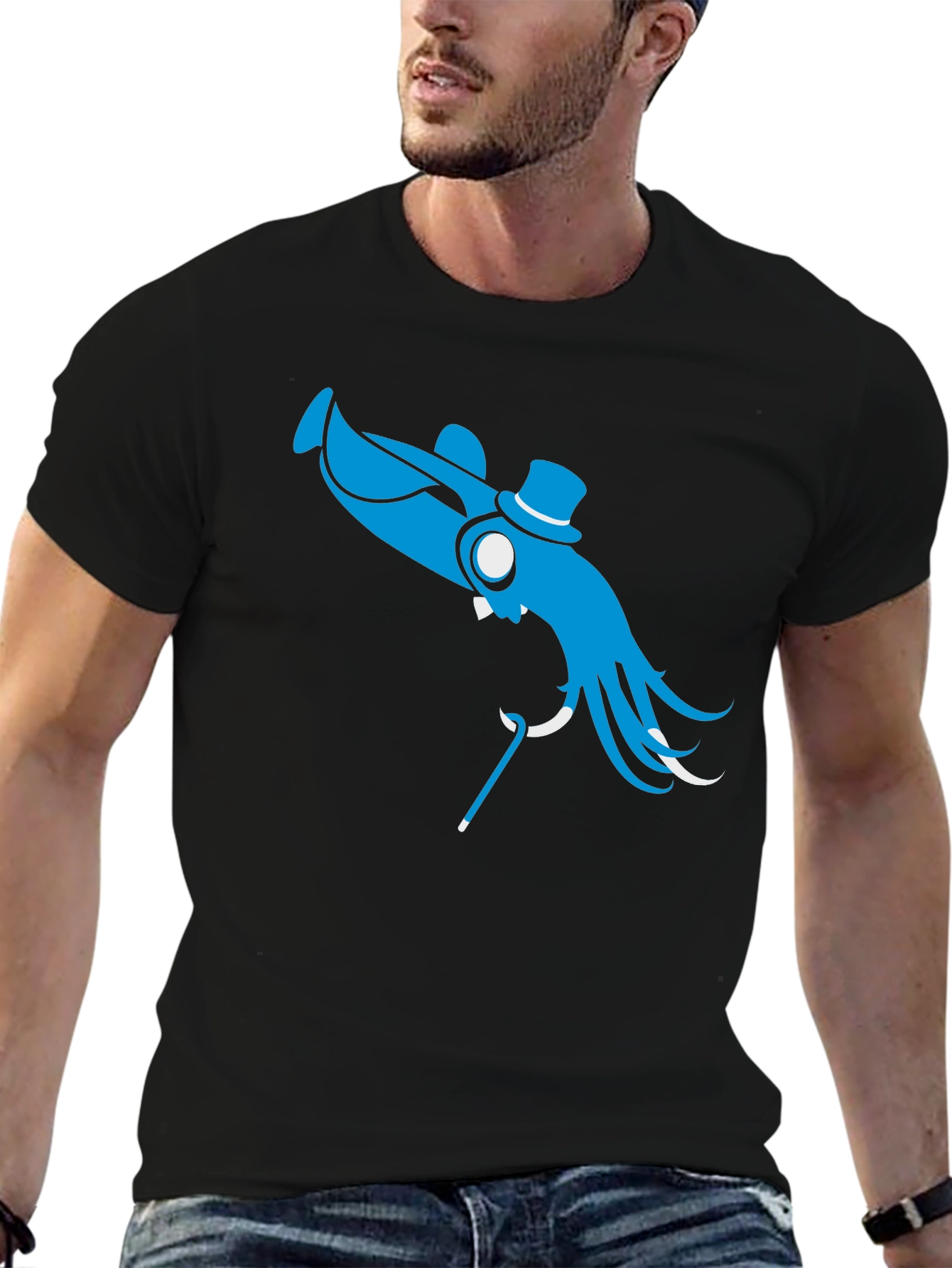 Black Blue Octopus Top Hat Cane T-Shirt - Unique Design view 6