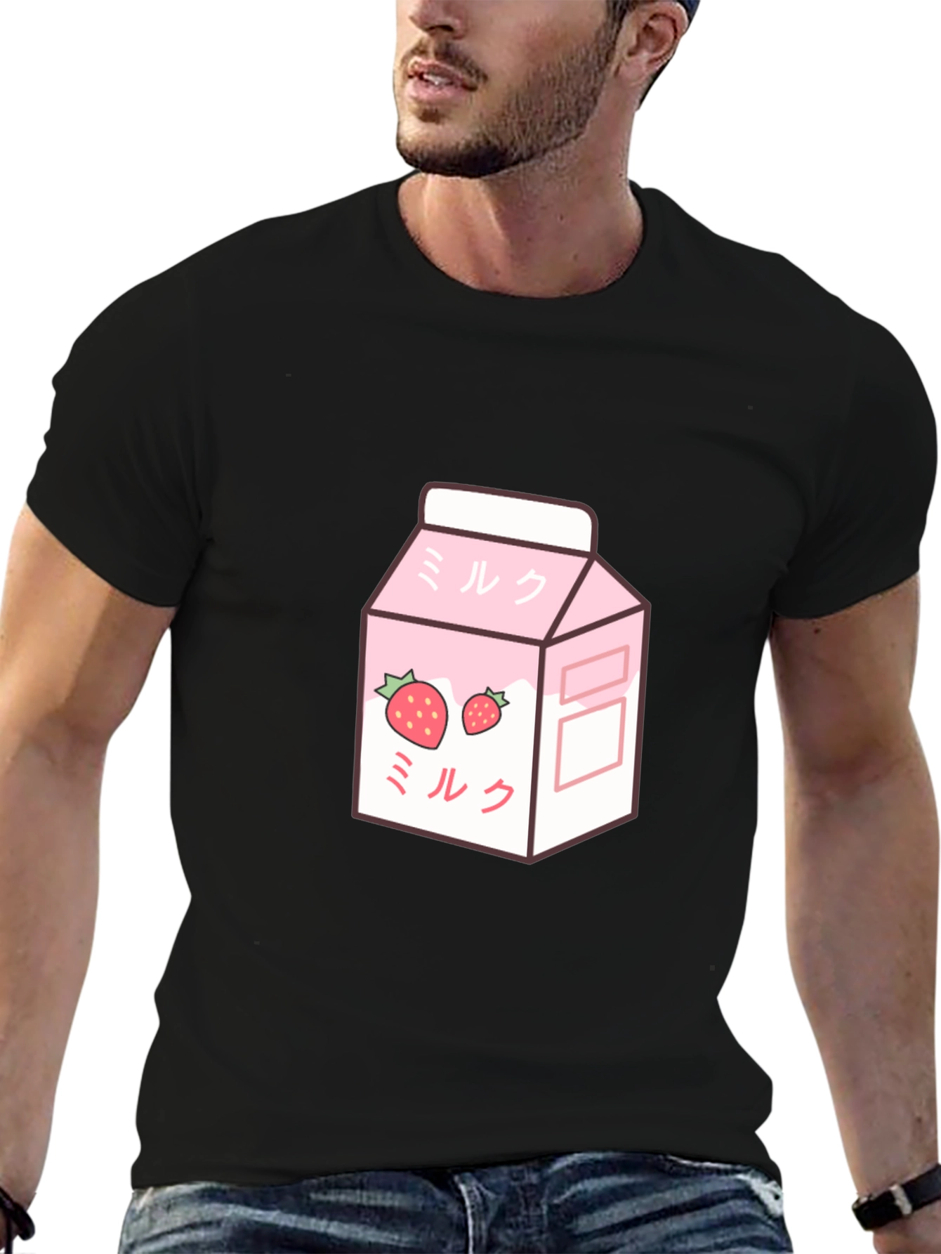 Black Strawberry Milk Cartoon Graphic T-Shirt view 6