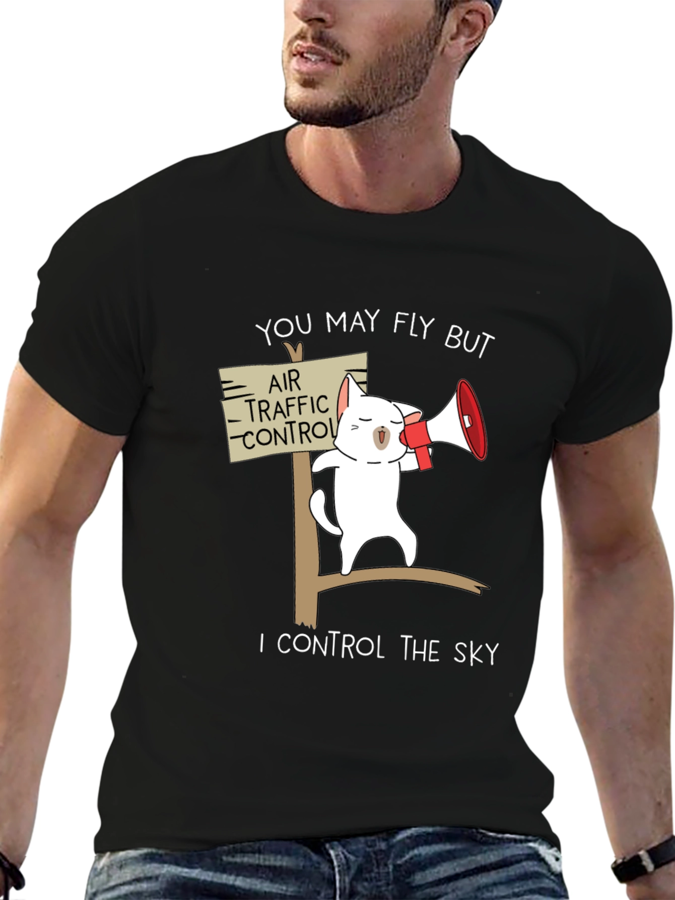 Black Funny Air Traffic Control Cat T-Shirt view 6