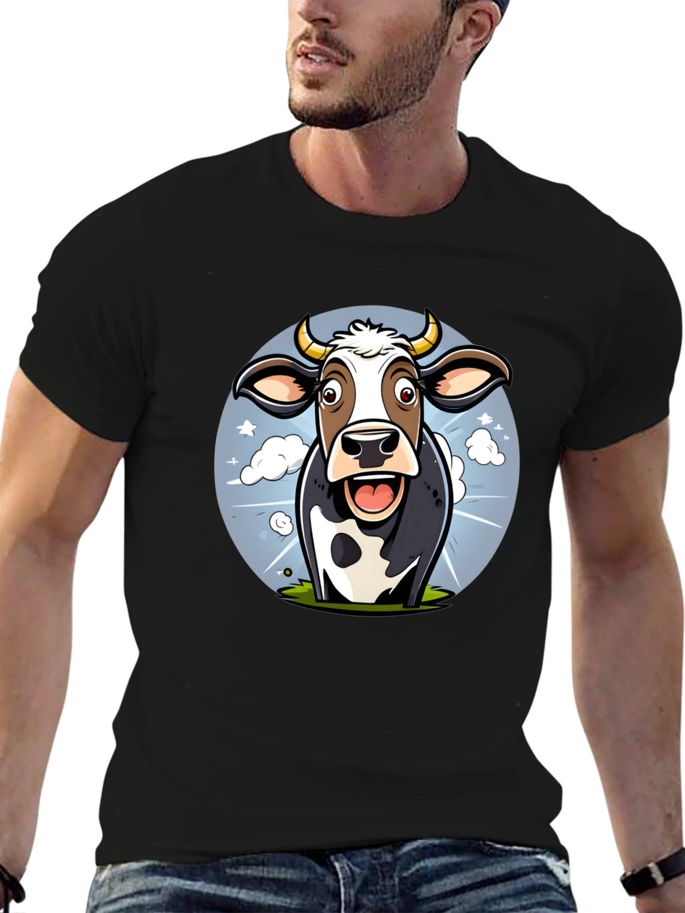 Black Funny Cow Cartoon Graphic Print Black T-Shirt view 6