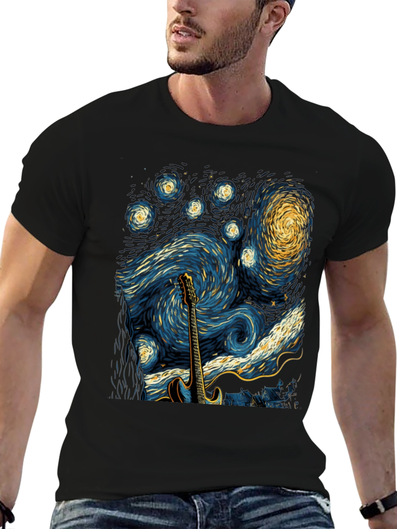 Black Starry Night Guitar T-Shirt view 6