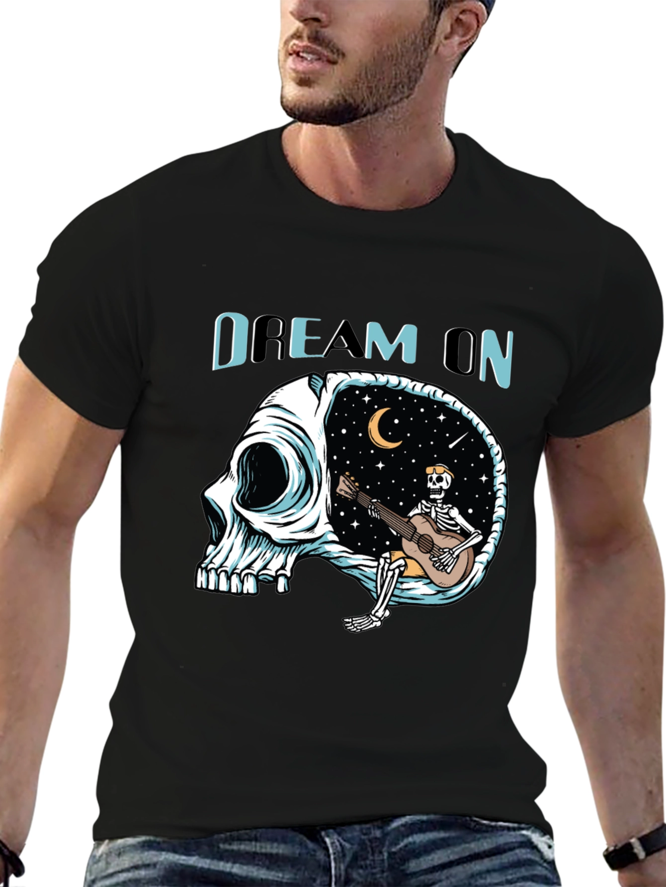 Black Dream On Skull Graphic Tee - Unique Black T-Shirt view 6