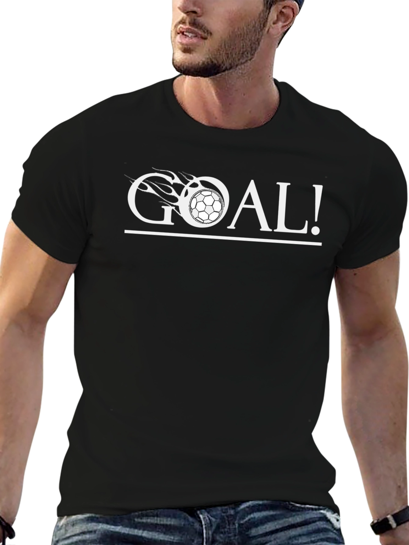 Black Goal! Soccer Ball Flames Graphic Tee - Black Cotton T-Shirt view 6
