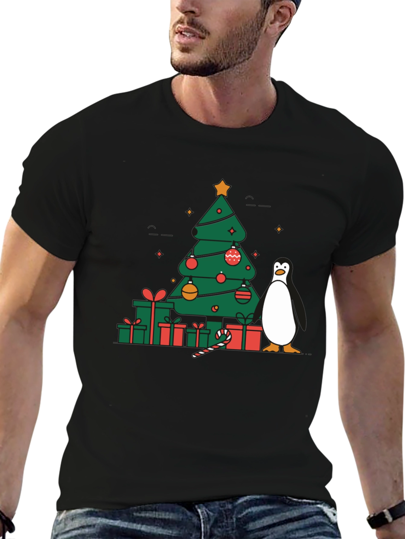 Black Festive Christmas Tree & Penguin Graphic Tee view 6