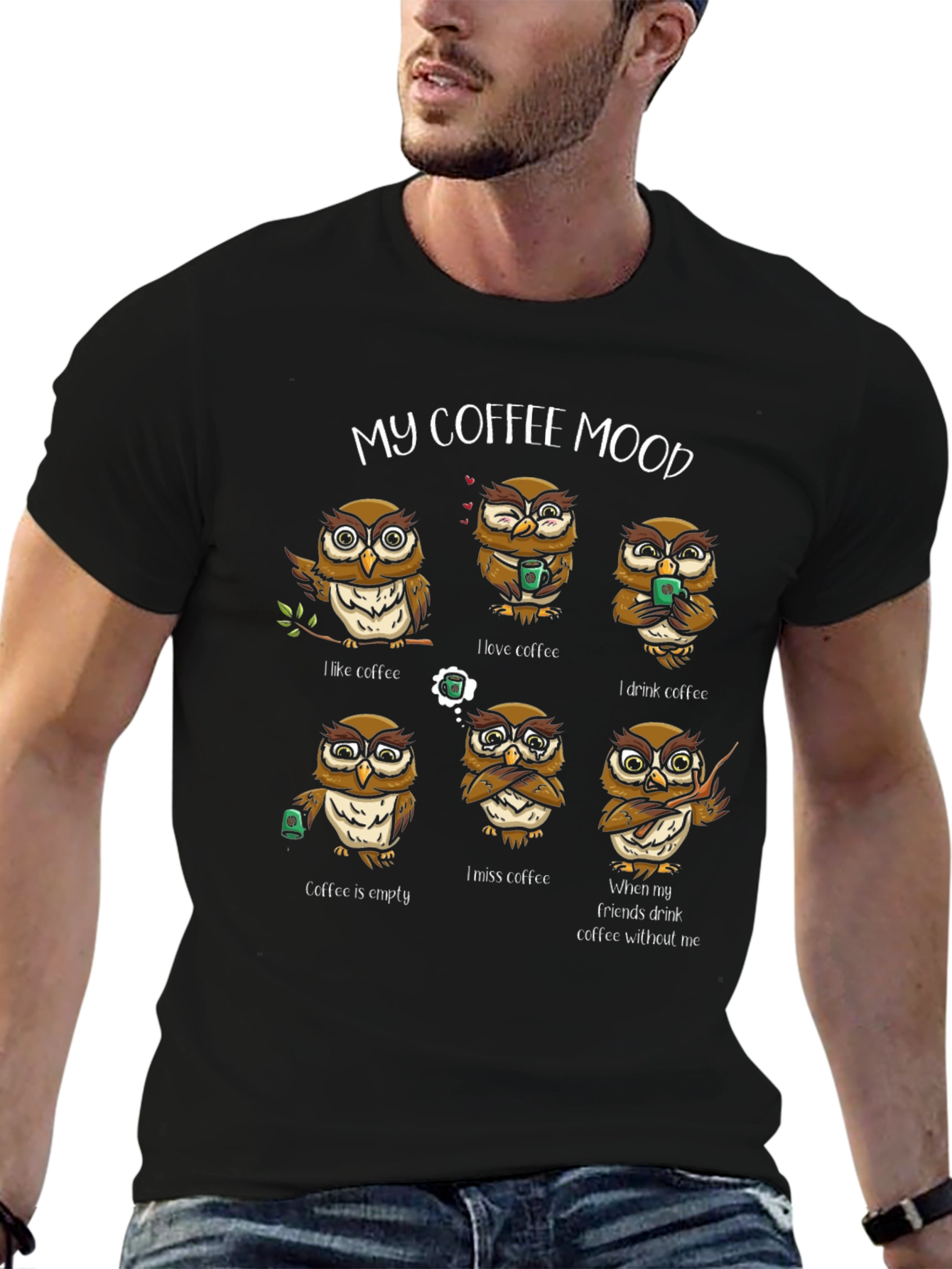 Black My Coffee Mood Owl Graphic T-Shirt view 6