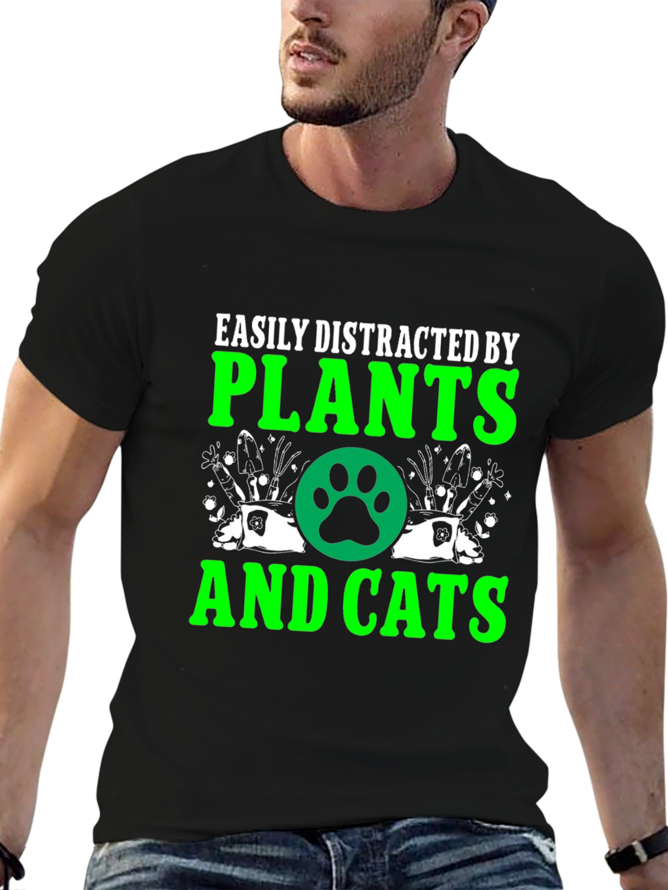 Black Easily Distracted by Plants and Cats T-Shirt view 6