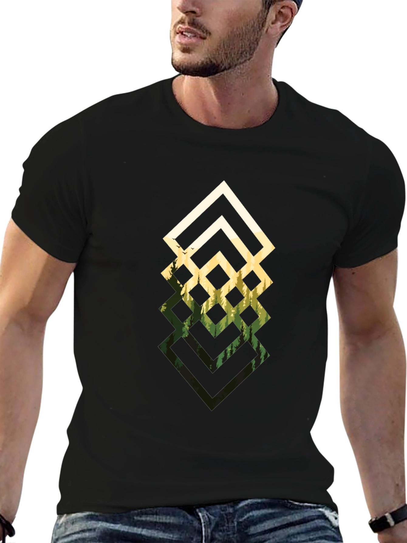 Black Geometric Forest Black T-Shirt view 6