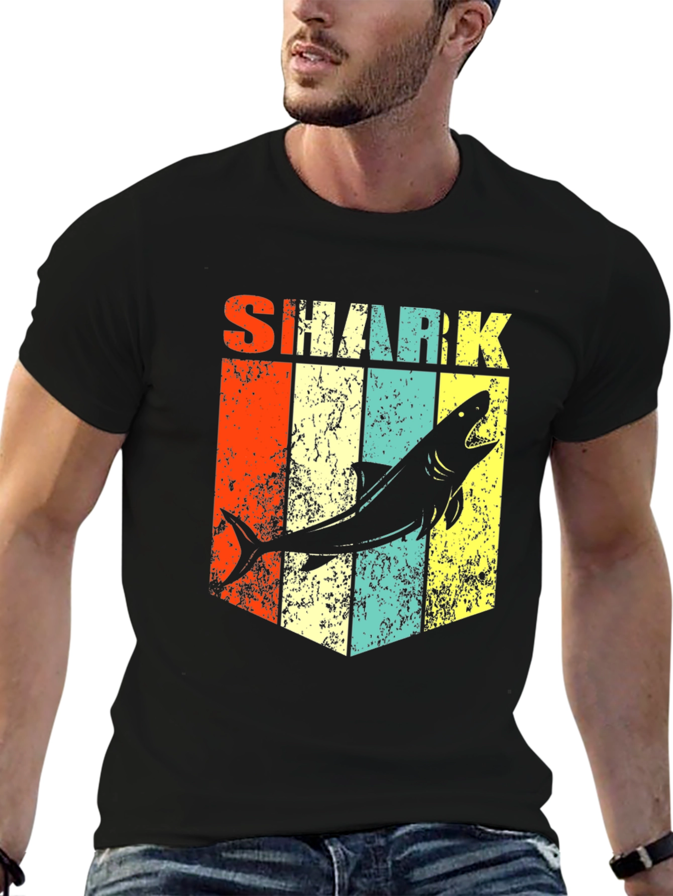 Black Retro Shark Graphic Tee - Stylish Men's Black T-Shirt view 6