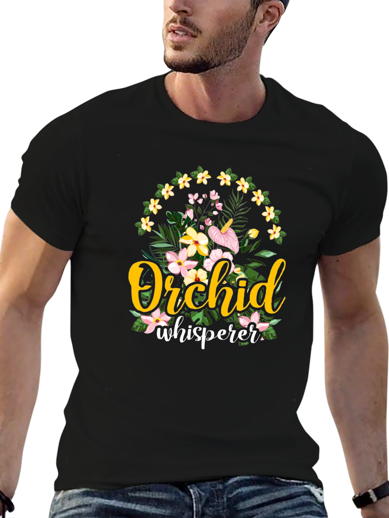 Black Orchid Whisperer Graphic T-Shirt - Floral Design view 6