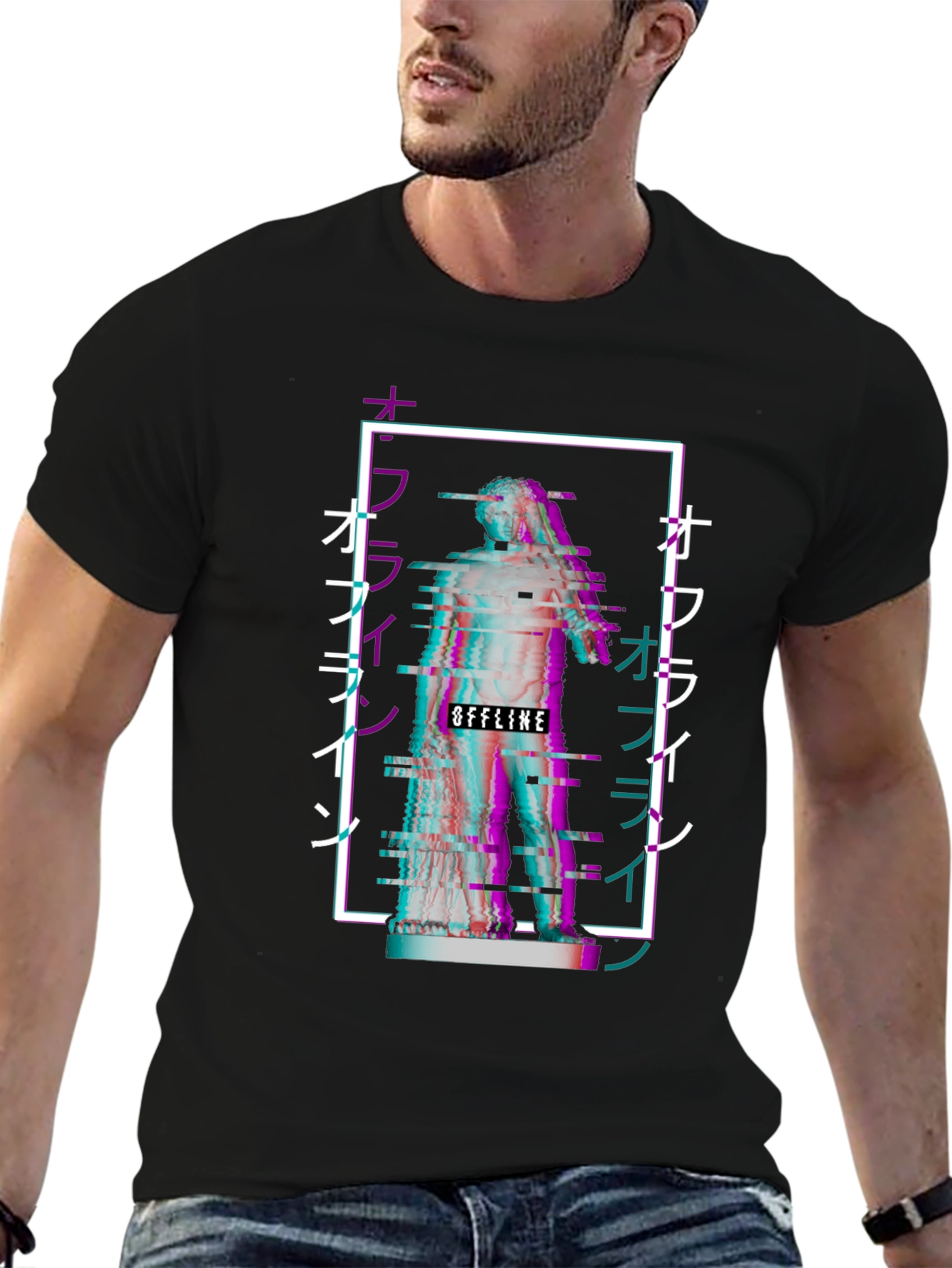 Black Offline Vaporwave Statue Graphic Tee - Black view 6