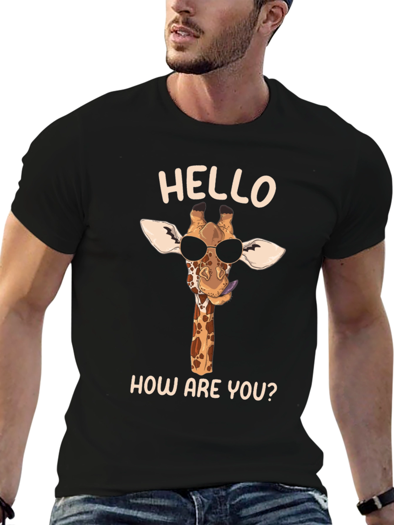 Black Cool Giraffe Tee: Hello, How Are You? Black Shirt view 6