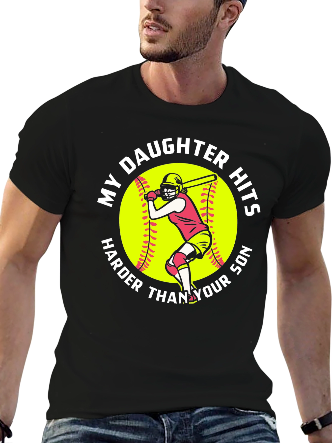Black My Daughter Hits Harder Funny Softball Graphic Tee view 6