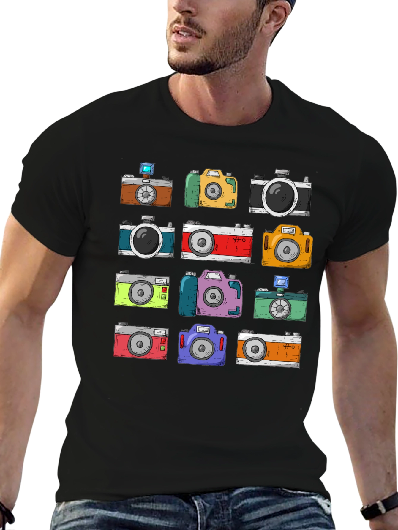 Black Retro Camera Pattern T-Shirt - Photographer Style view 6