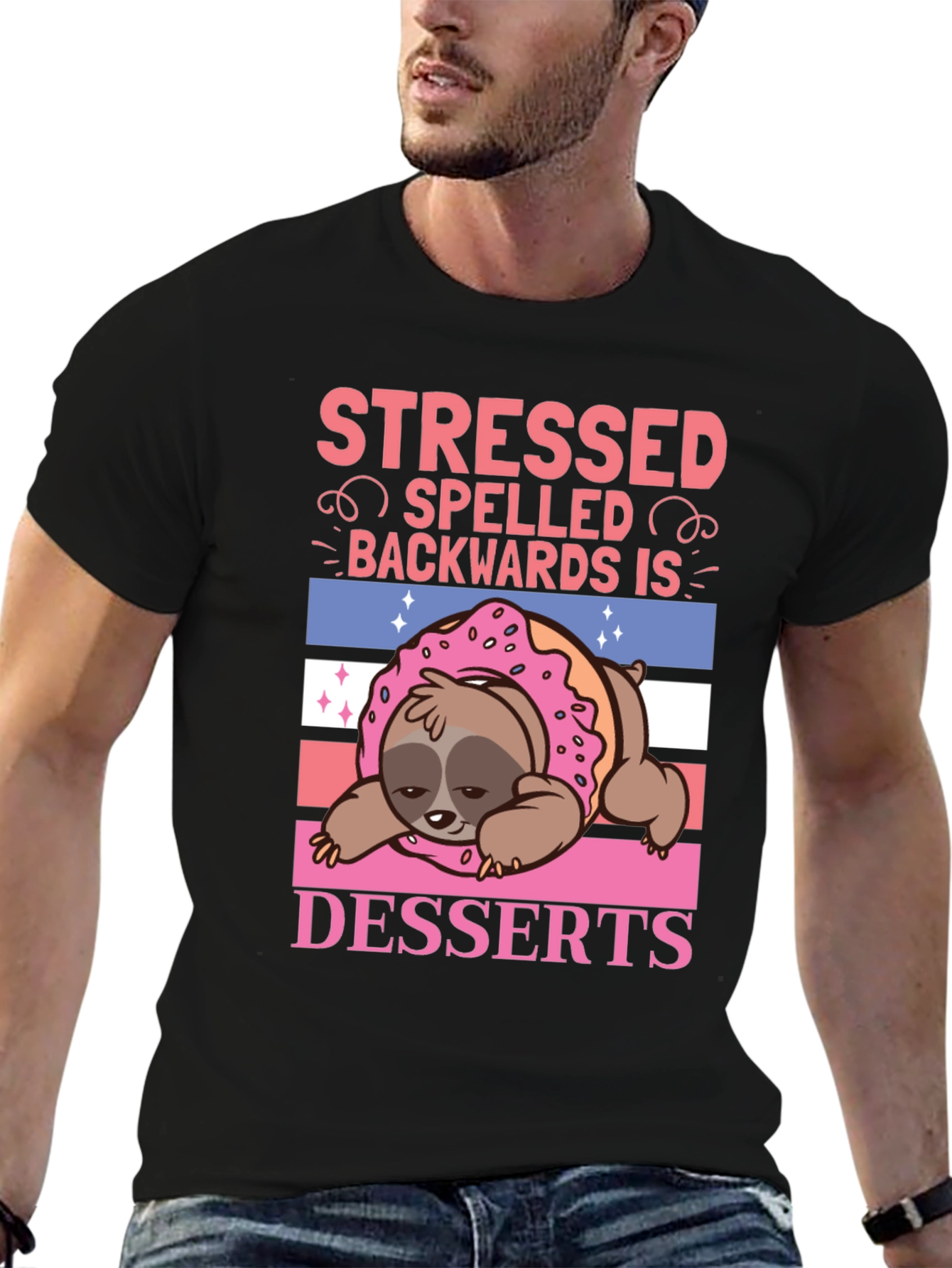 Black Stressed Backwards Desserts Sloth T-Shirt view 6