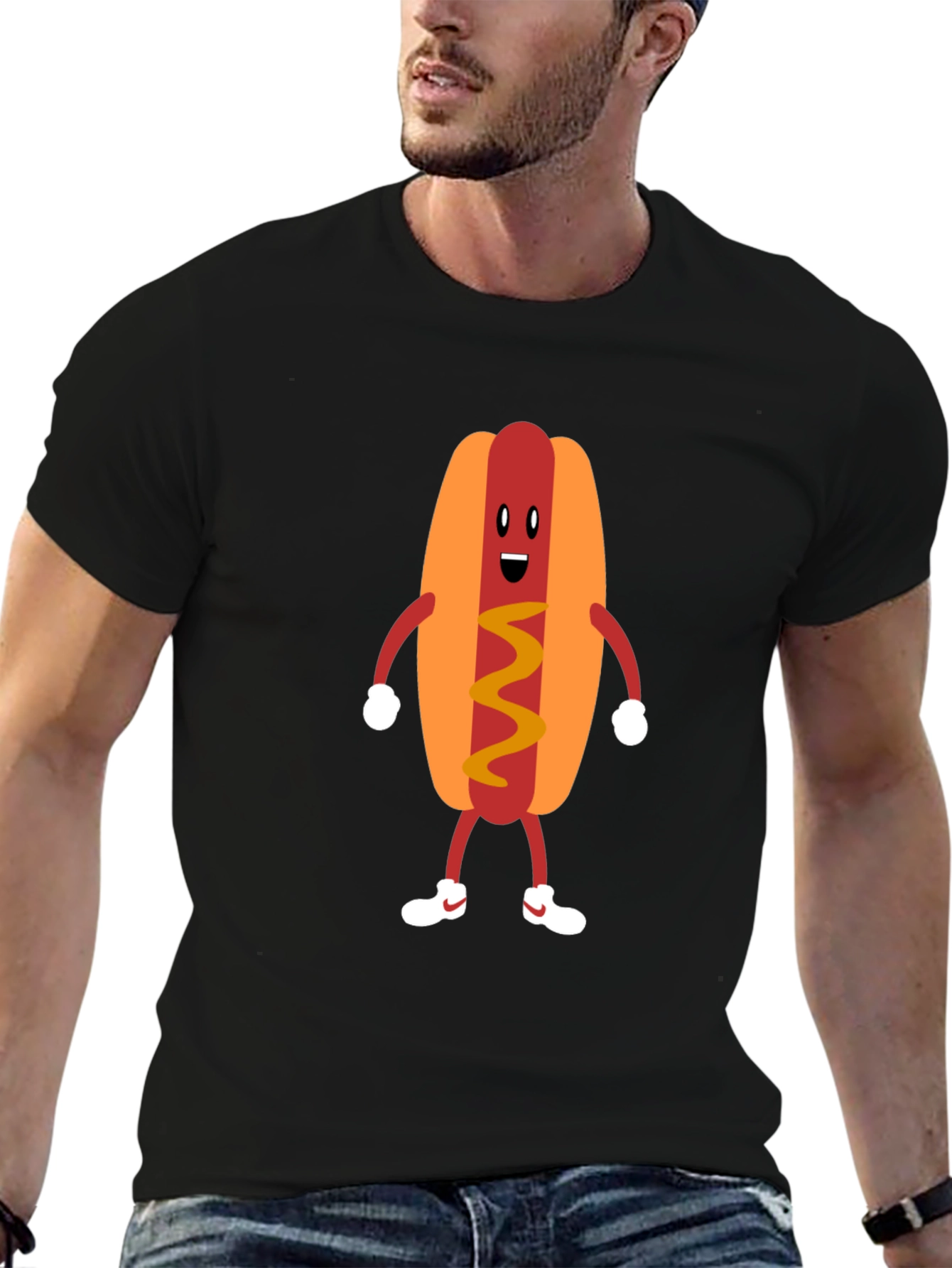 Black Funny Hot Dog Graphic Tee - Unisex Black T-Shirt view 6