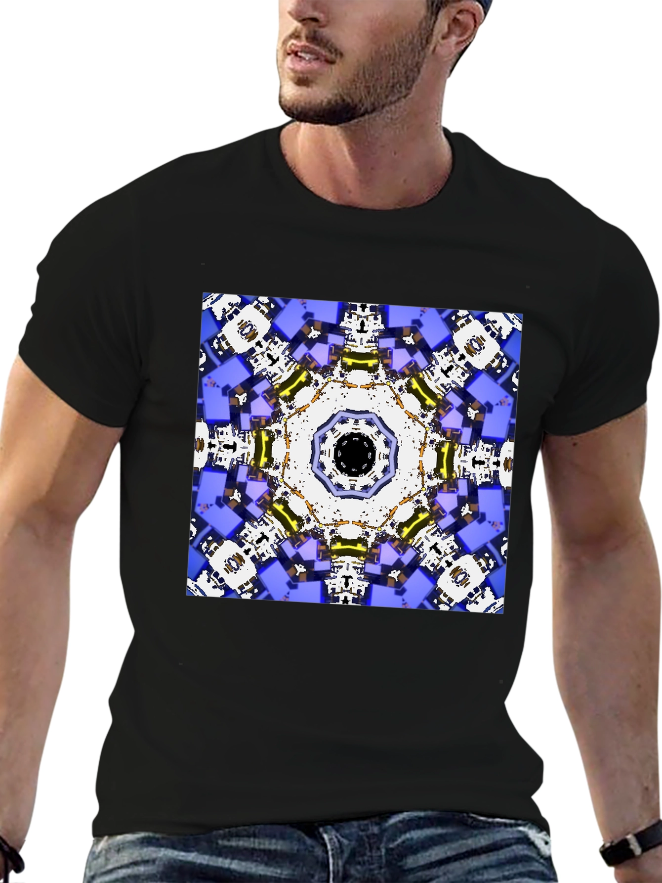 Black Geometric Kaleidoscope Print Black T-Shirt view 6
