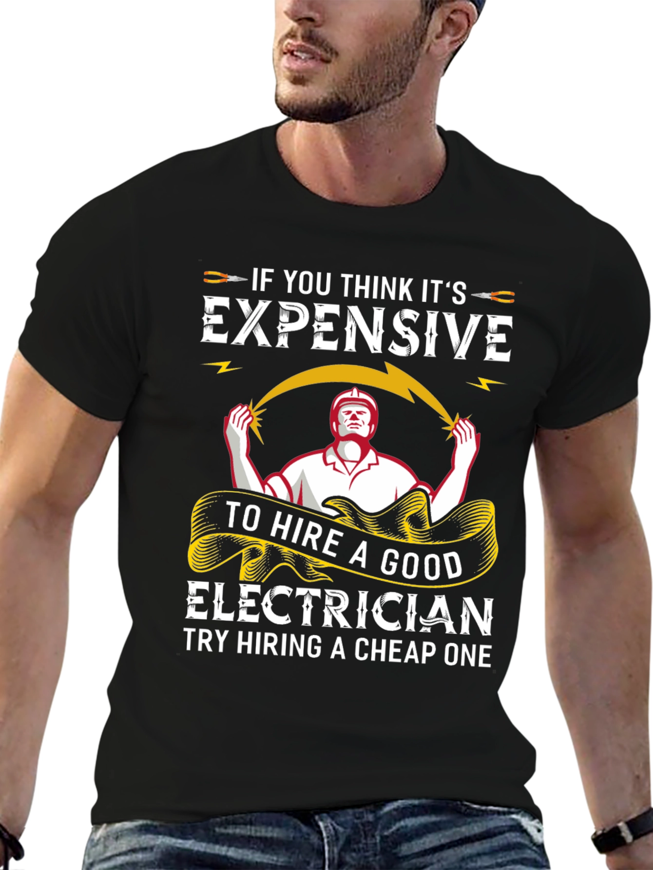 Black Electrician Humor T-Shirt - Good vs Cheap Service view 6
