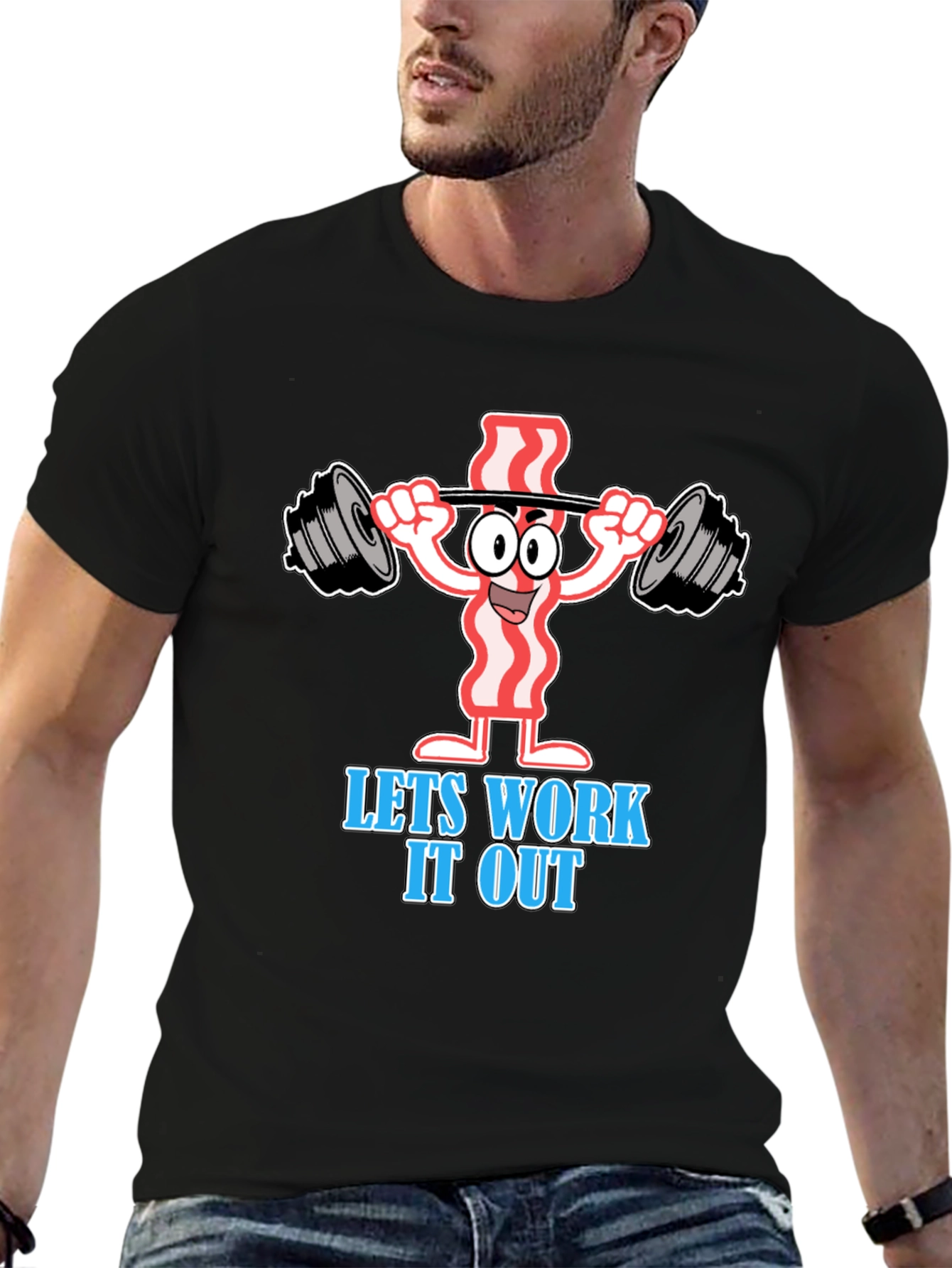 Black Funny Bacon Workout T-Shirt: Let's Work It Out! view 6