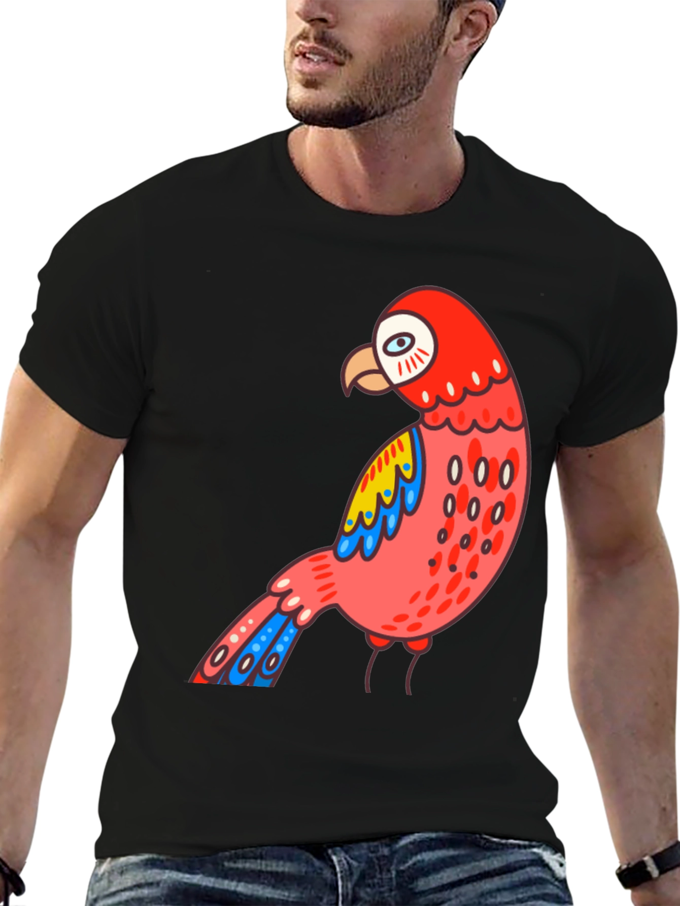 Black Men's Black T-shirt with Parrot Graphic view 6