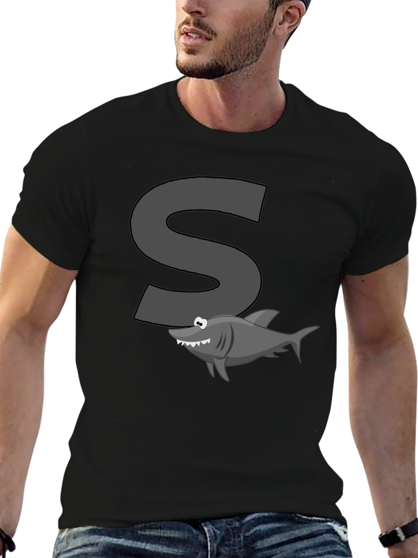 Black Shark S Letter Cartoon Black T-Shirt view 6