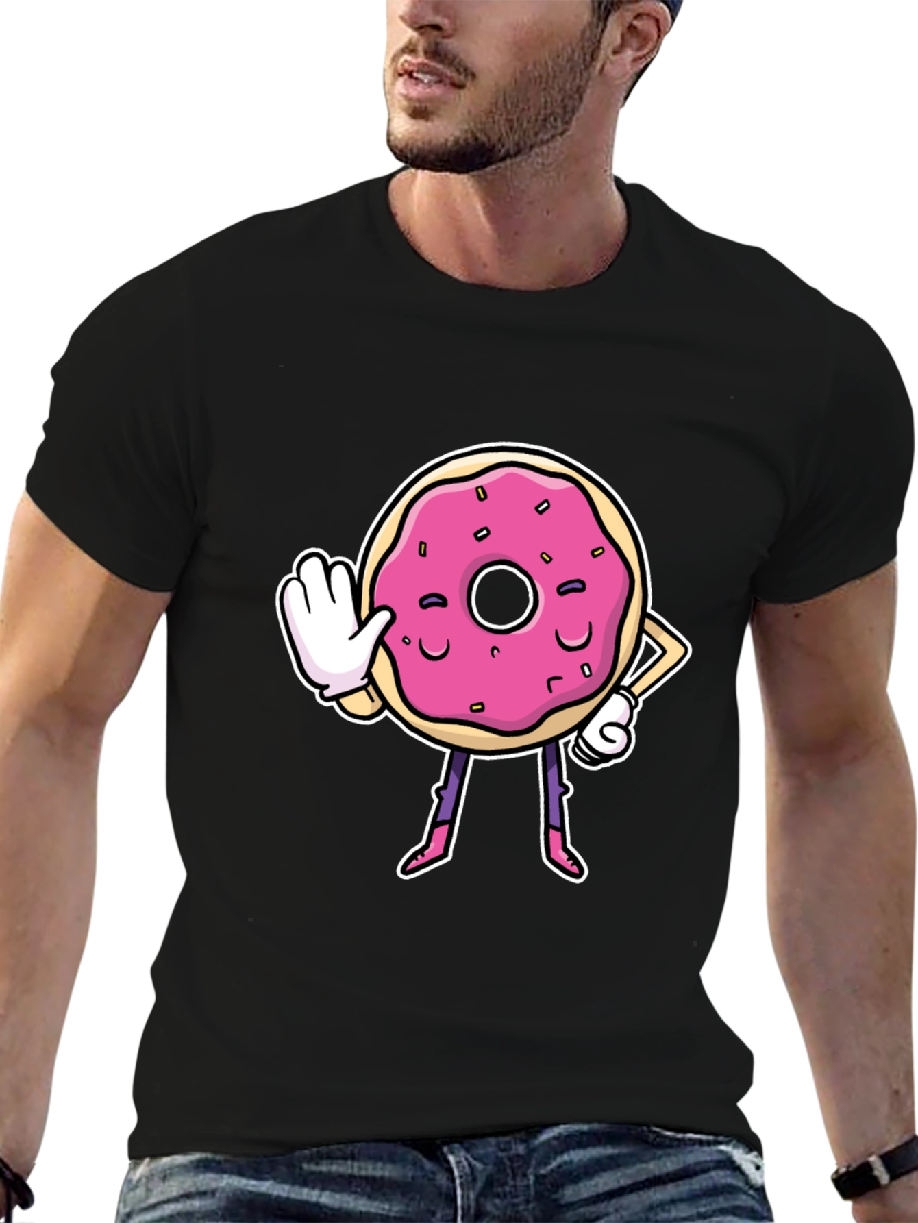 Black Funny Donut Cartoon Black T-Shirt view 6