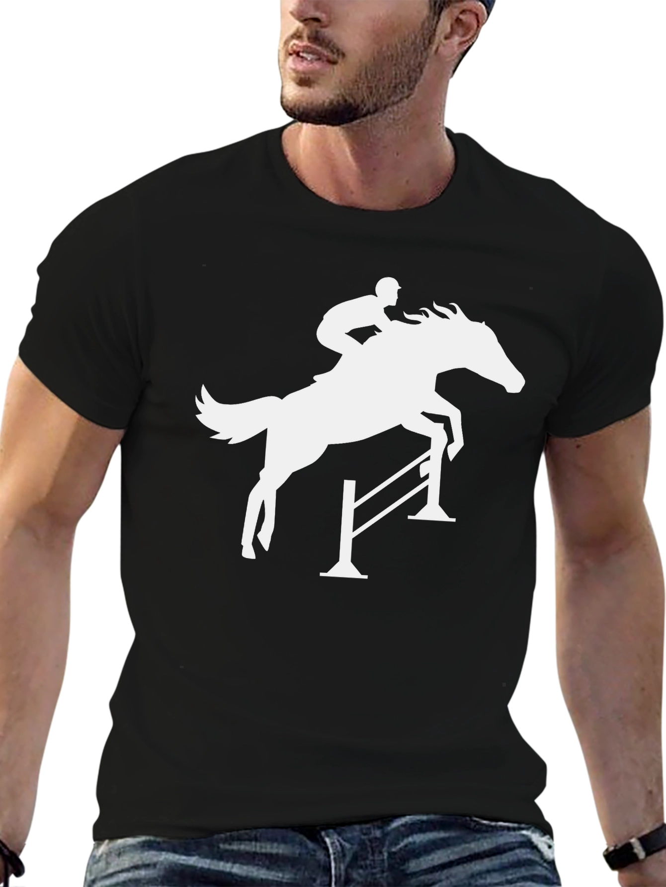 Black Equestrian Horse Jumping Silhouette Black T-Shirt view 6