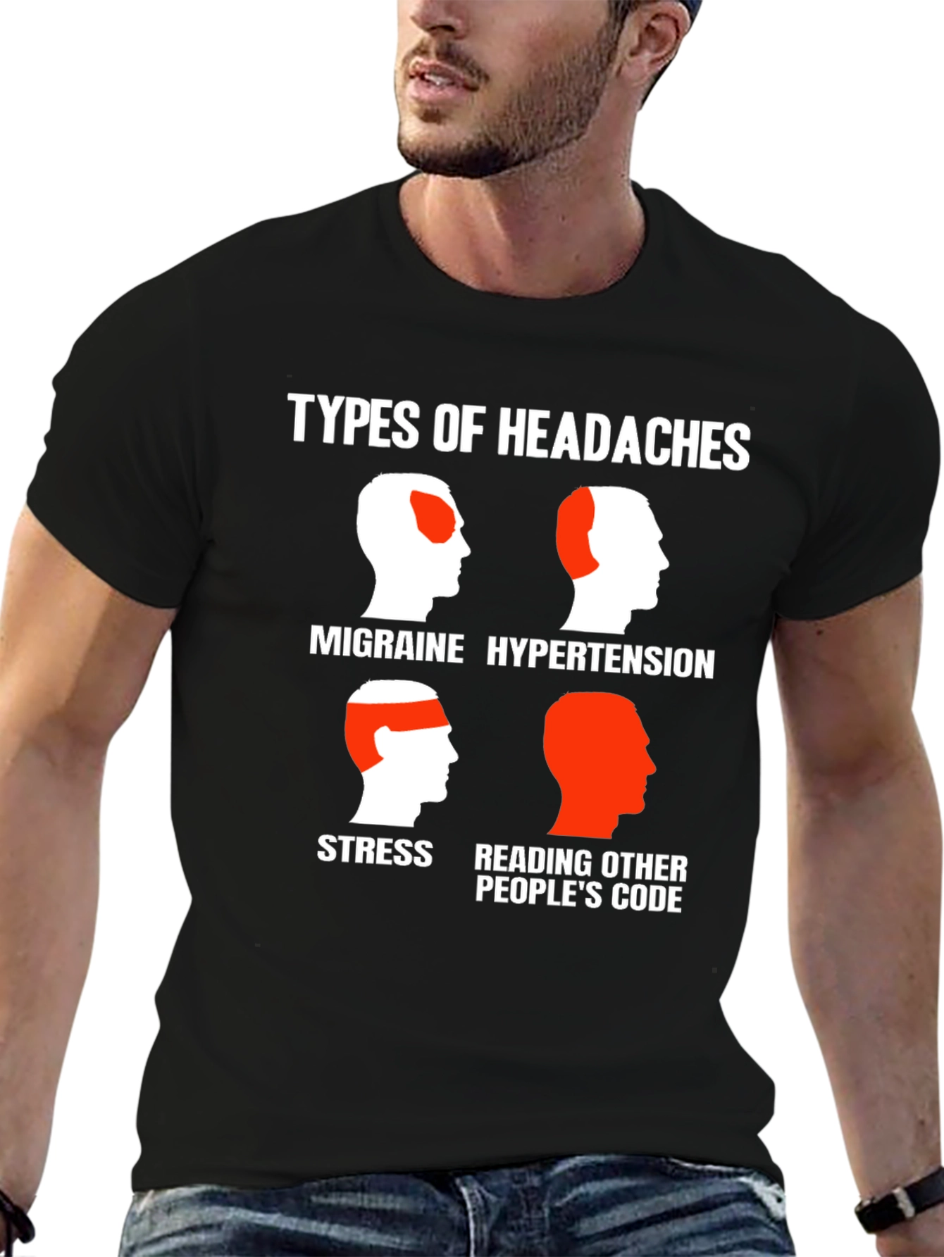 Black Headache Types Graphic Tee - Programmer Humor T-Shirt view 6